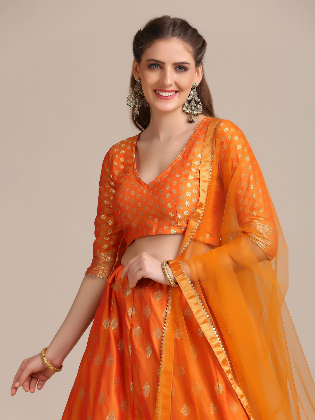 Jyoti Fashion Women's Orange Jacquard Silk Gold Woven Work Lehenga Choli with Dupatta | Grocsy