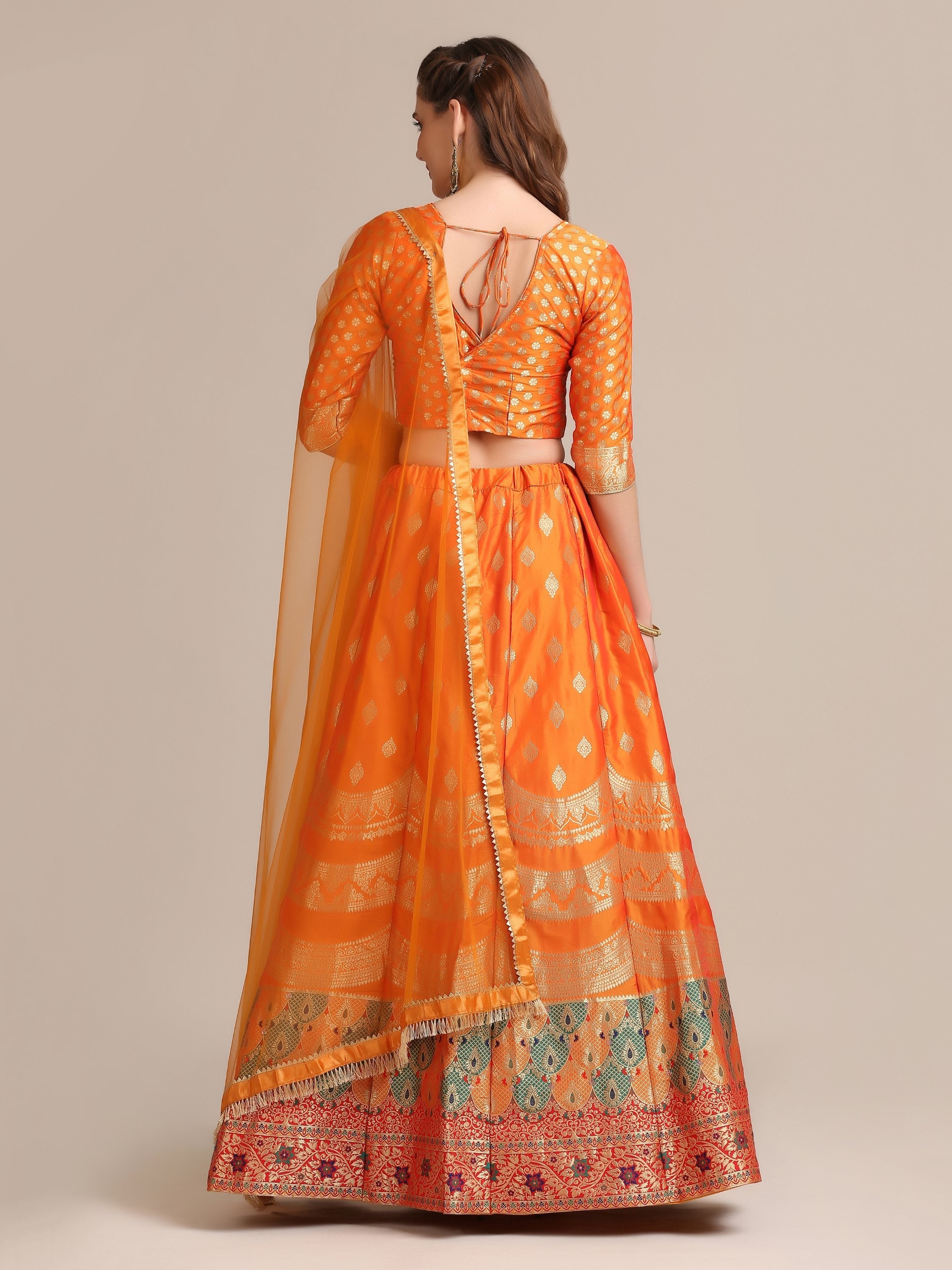 Jyoti Fashion Women's Orange Jacquard Silk Gold Woven Work Lehenga Choli with Dupatta | Grocsy