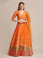 Jyoti Fashion Women's Orange Jacquard Silk Gold Woven Work Lehenga Choli with Dupatta | Grocsy