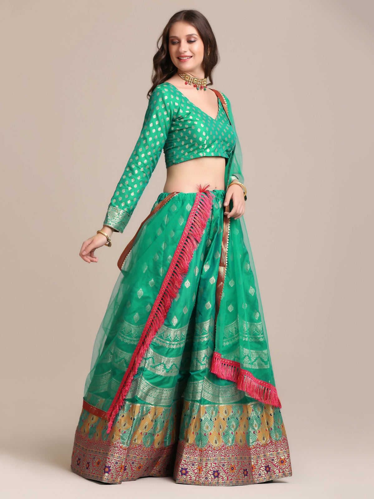 Jyoti Fashion Women's Rama Jacquard Silk Gold Woven Work Lehenga Choli with Dupatta | Grocsy