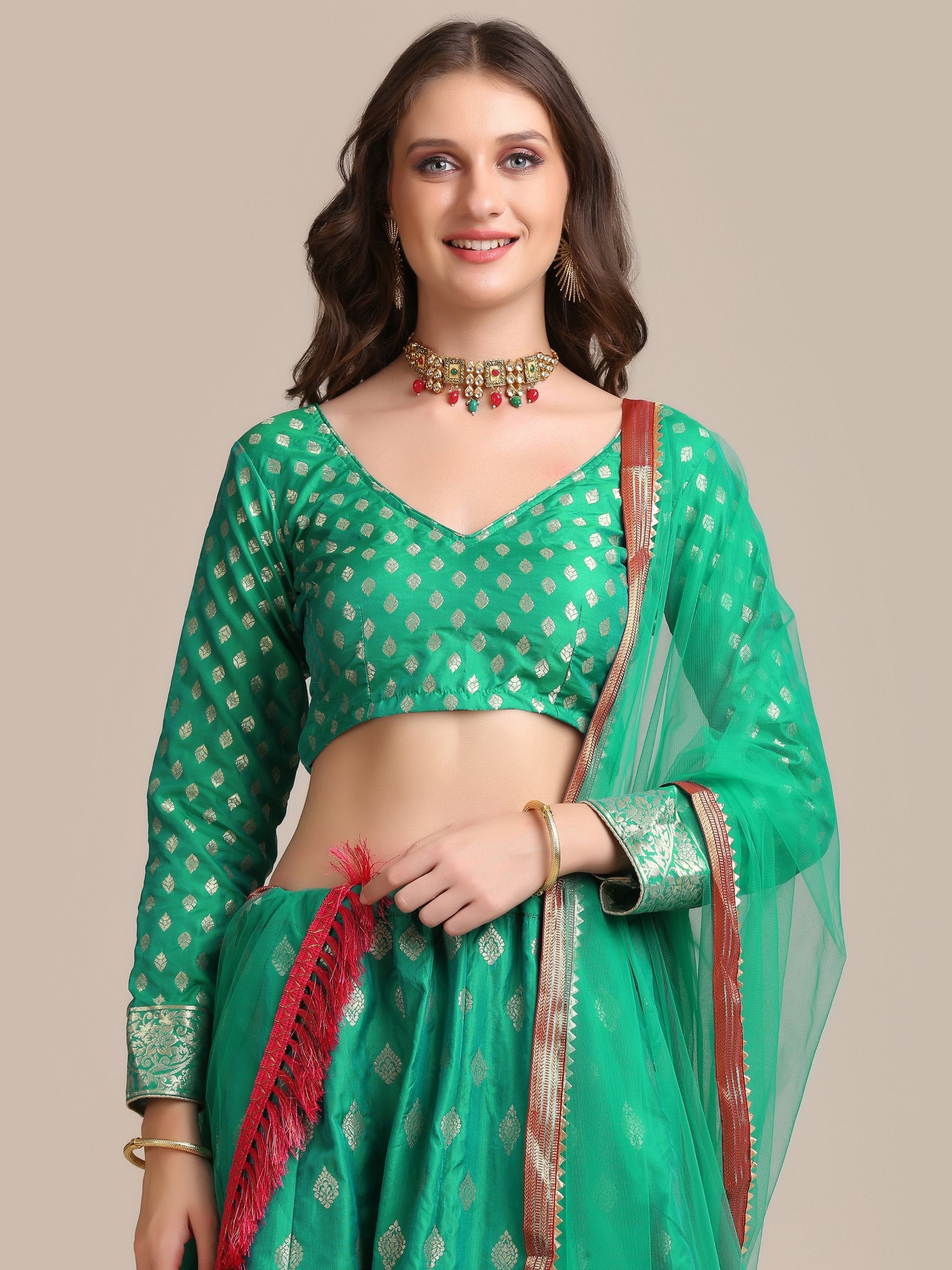 Jyoti Fashion Women's Rama Jacquard Silk Gold Woven Work Lehenga Choli with Dupatta | Grocsy