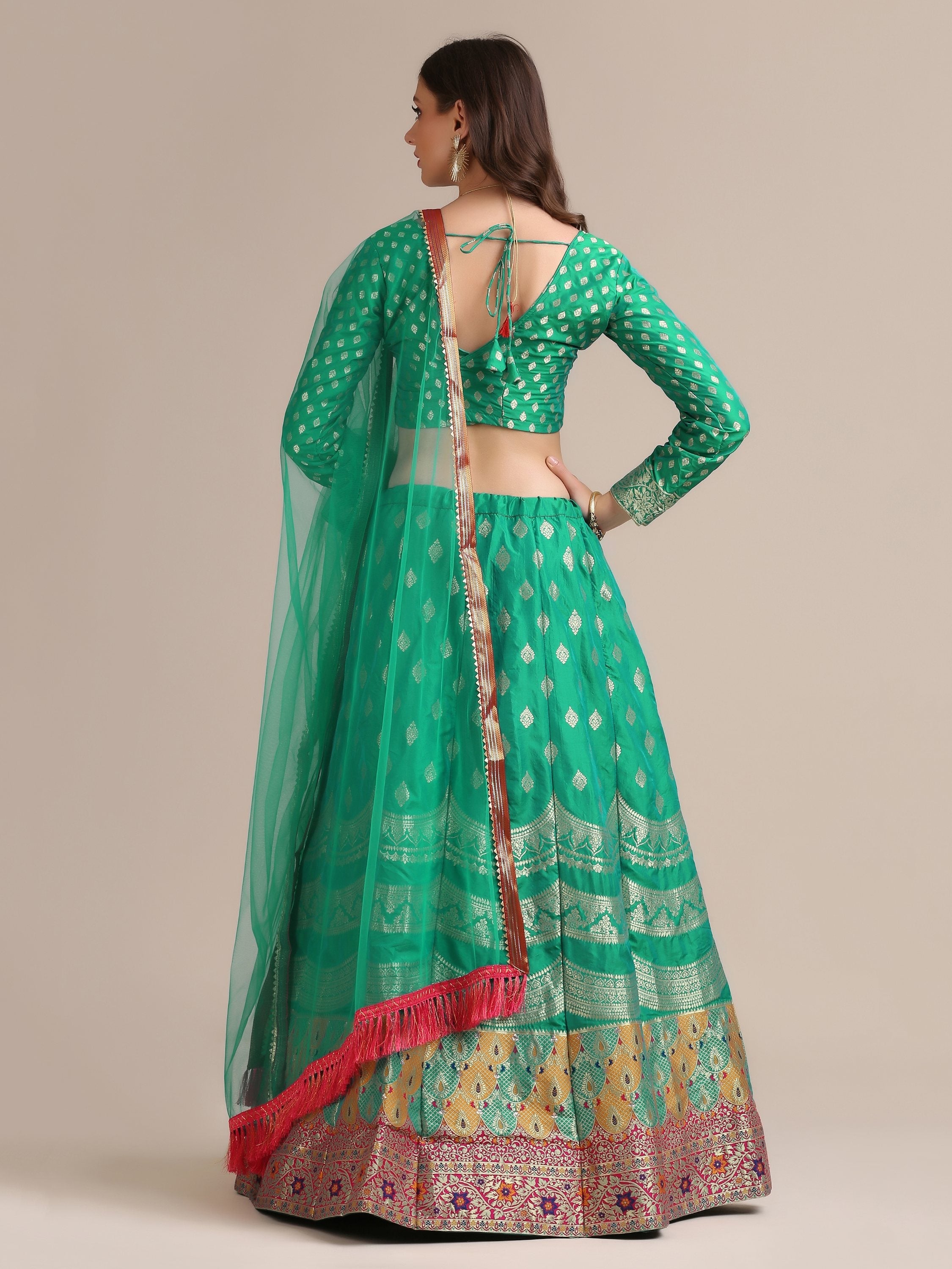 Jyoti Fashion Women's Rama Jacquard Silk Gold Woven Work Lehenga Choli with Dupatta | Grocsy