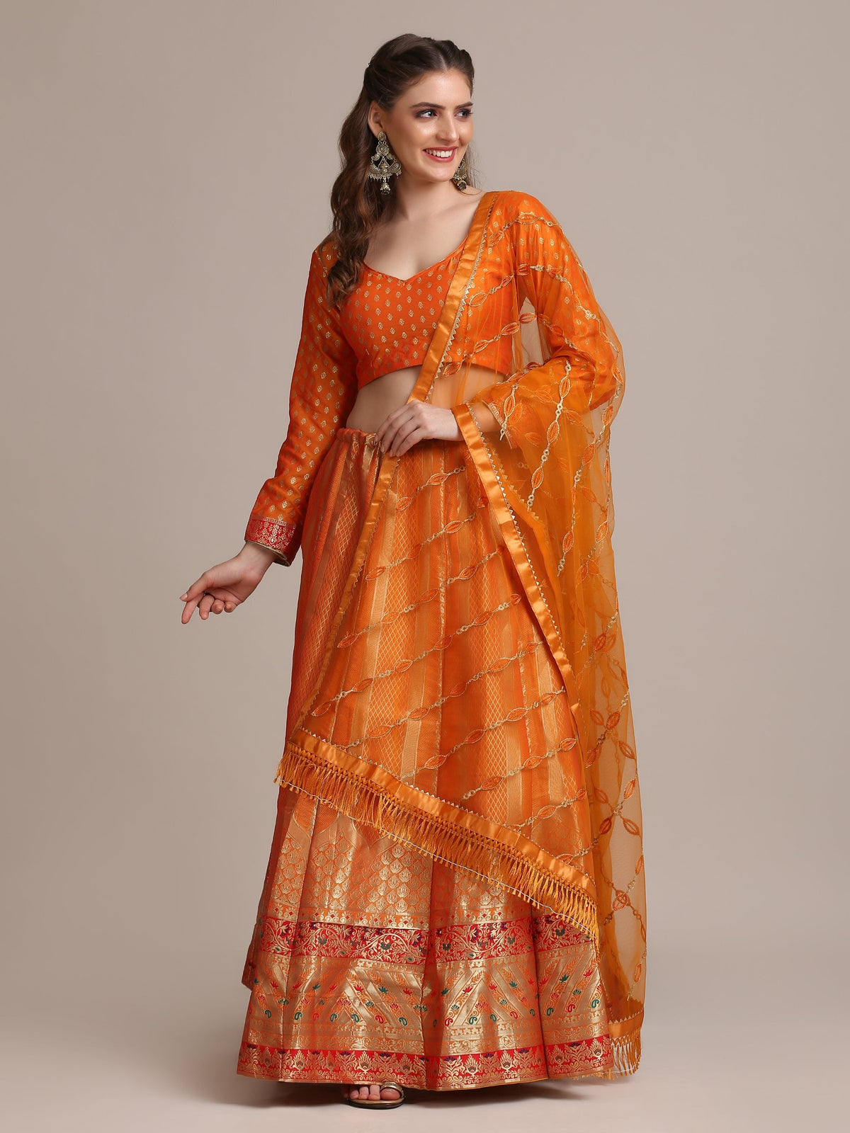 Jyoti Fashion Women's Orange Jacquard Silk Gold Woven Work Lehenga Choli with Dupatta | Grocsy