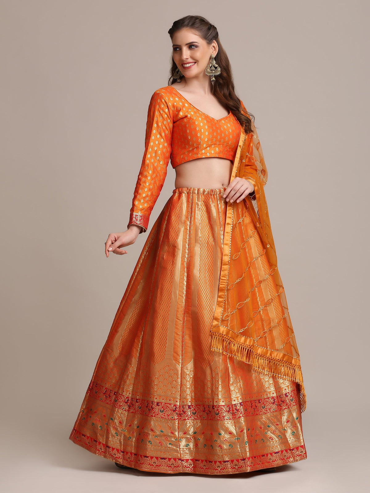 Jyoti Fashion Women's Orange Jacquard Silk Gold Woven Work Lehenga Choli with Dupatta | Grocsy
