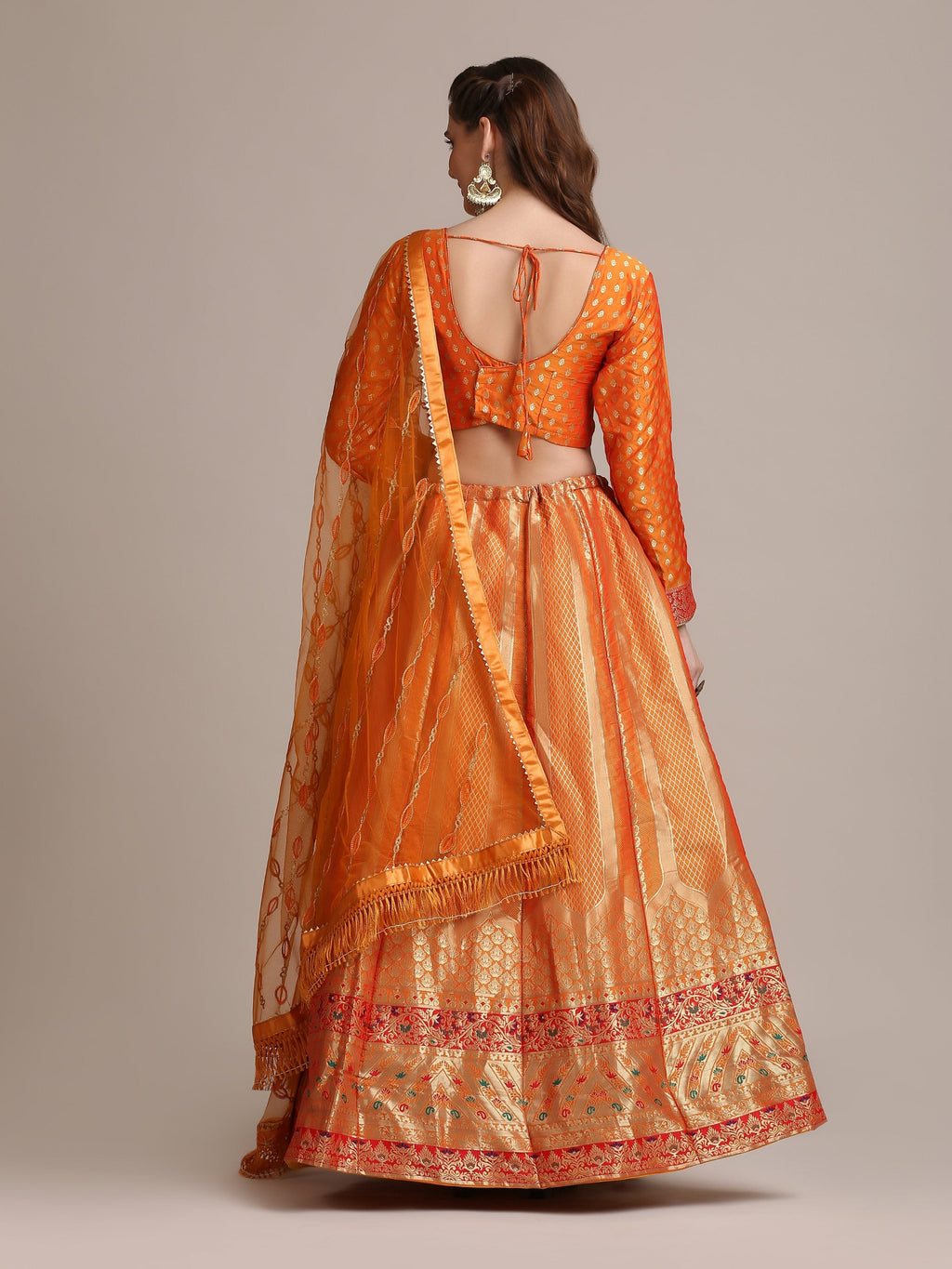 Jyoti Fashion Women's Orange Jacquard Silk Gold Woven Work Lehenga Choli with Dupatta | Grocsy