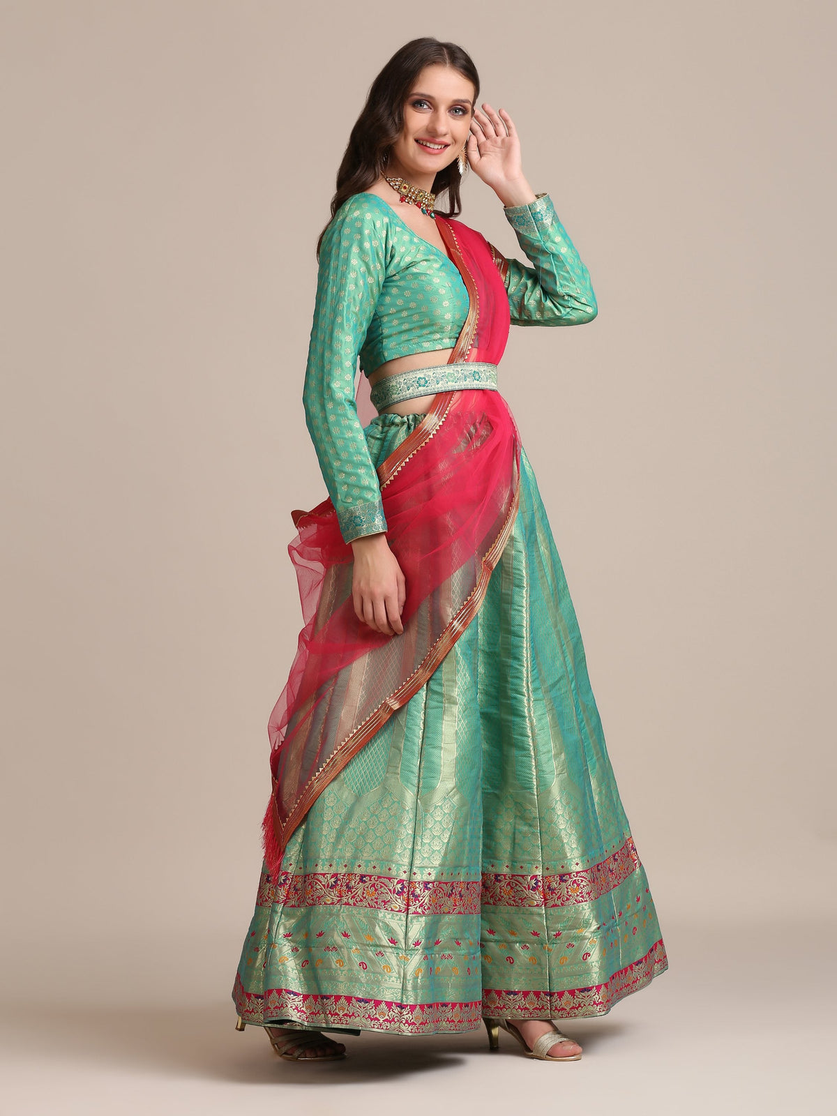 Jyoti Fashion Women's Sea Green Jacquard Silk Gold Woven Work Lehenga Choli with Dupatta | Grocsy