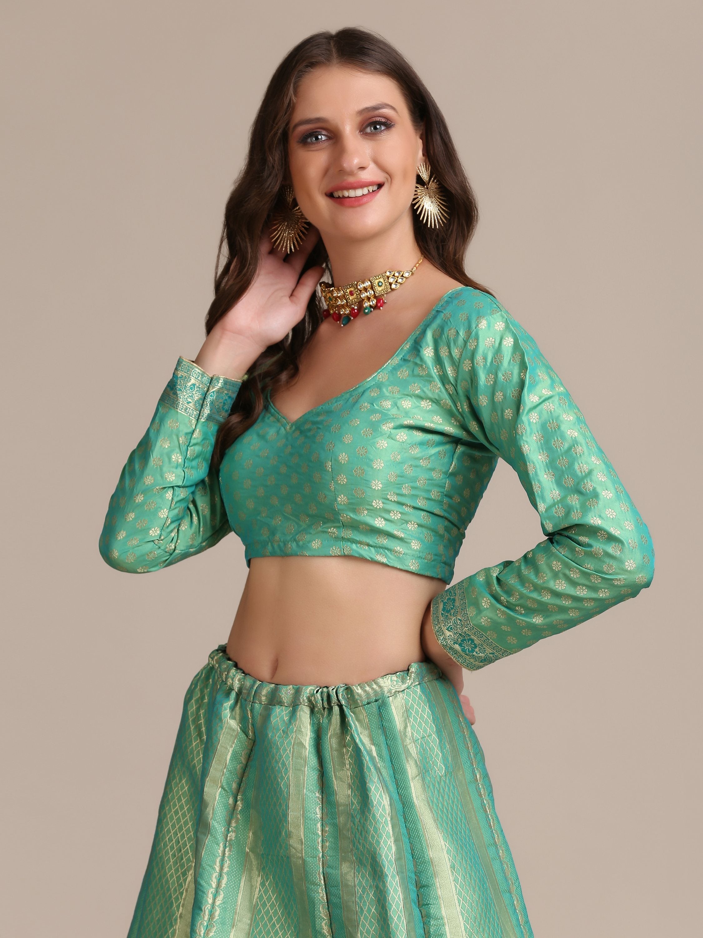 Jyoti Fashion Women's Sea Green Jacquard Silk Gold Woven Work Lehenga Choli with Dupatta | Grocsy