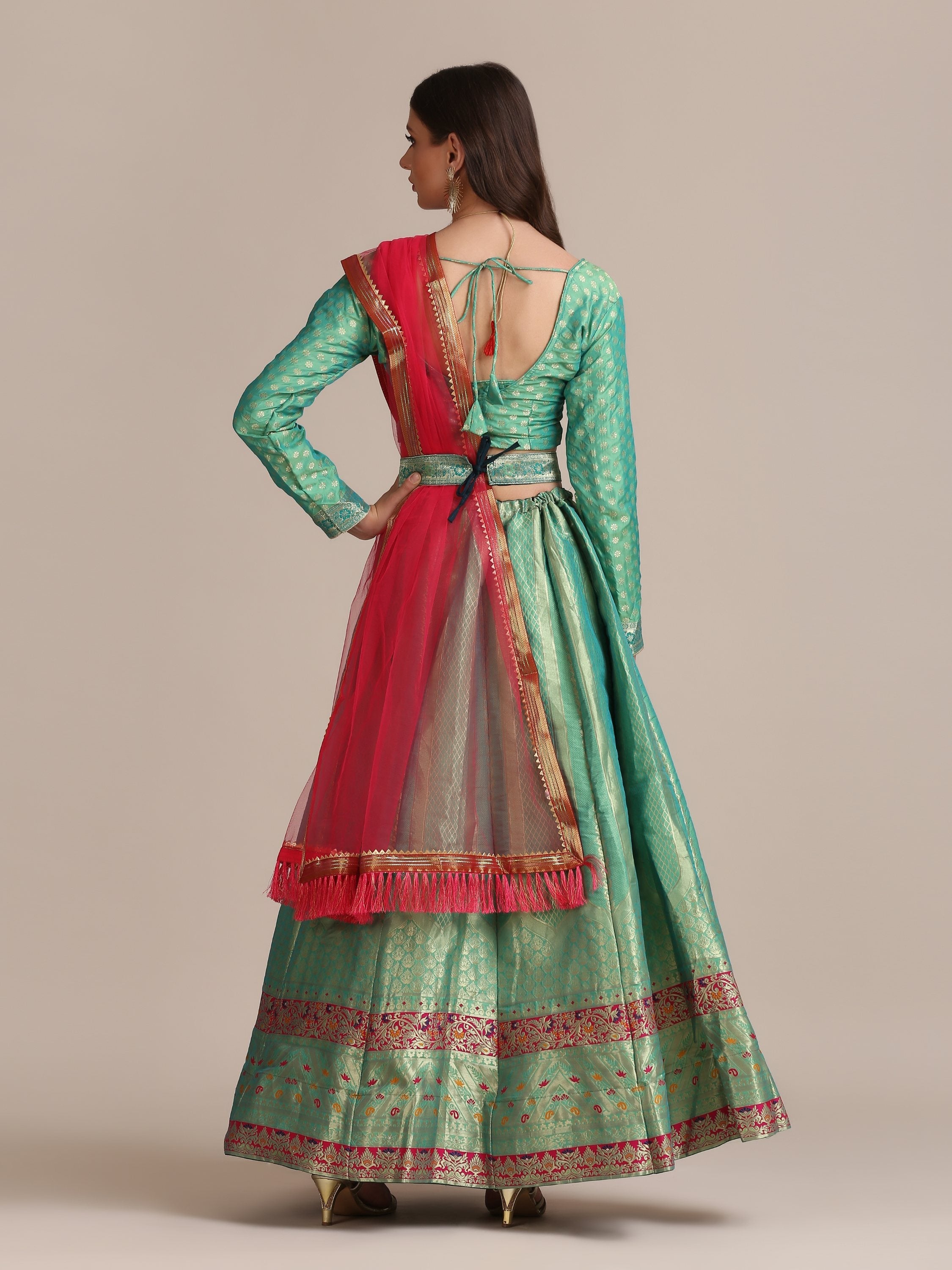 Jyoti Fashion Women's Sea Green Jacquard Silk Gold Woven Work Lehenga Choli with Dupatta | Grocsy
