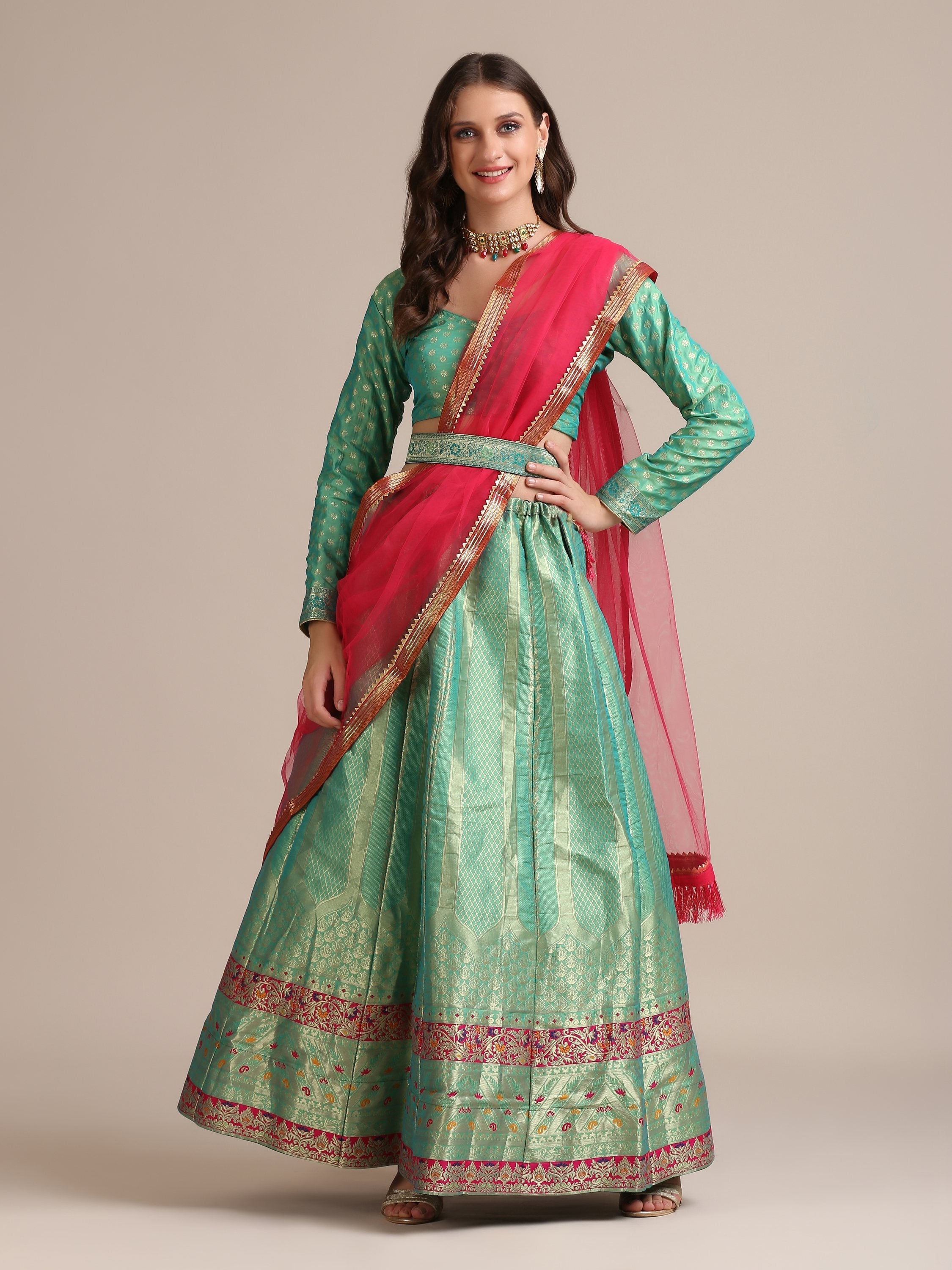 Jyoti Fashion Women's Sea Green Jacquard Silk Gold Woven Work Lehenga Choli with Dupatta | Grocsy