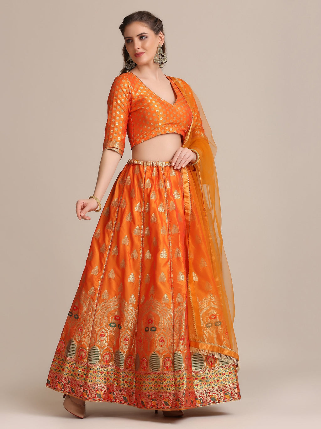Jyoti Fashion Women's Orange Jacquard Silk Gold Woven Work Lehenga Choli with Dupatta | Grocsy