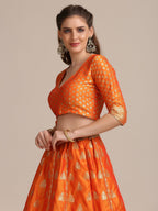 Jyoti Fashion Women's Orange Jacquard Silk Gold Woven Work Lehenga Choli with Dupatta | Grocsy