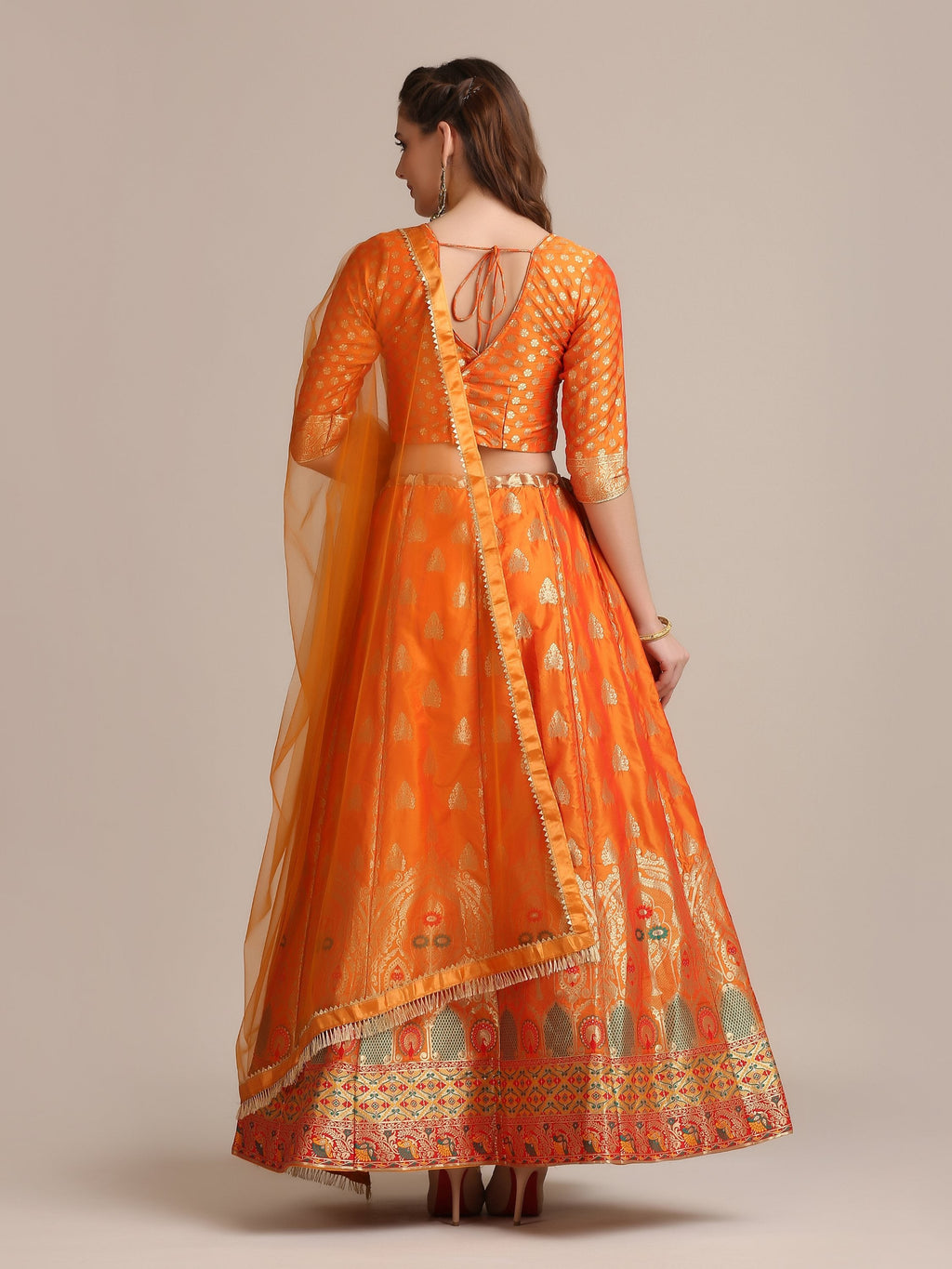 Jyoti Fashion Women's Orange Jacquard Silk Gold Woven Work Lehenga Choli with Dupatta | Grocsy