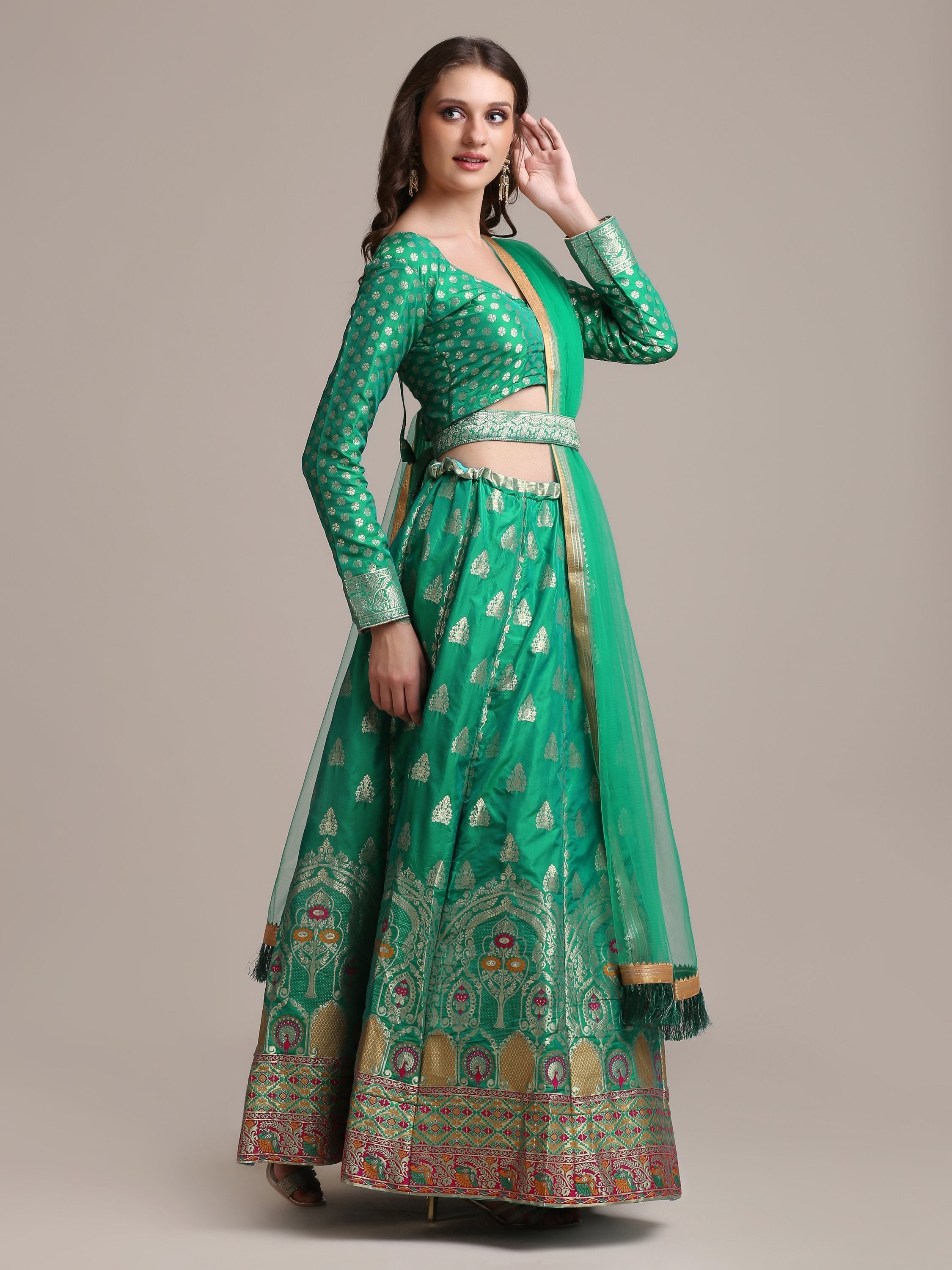 Jyoti Fashion Women's Rama Jacquard Silk Gold Woven Work Lehenga Choli with Dupatta | Grocsy