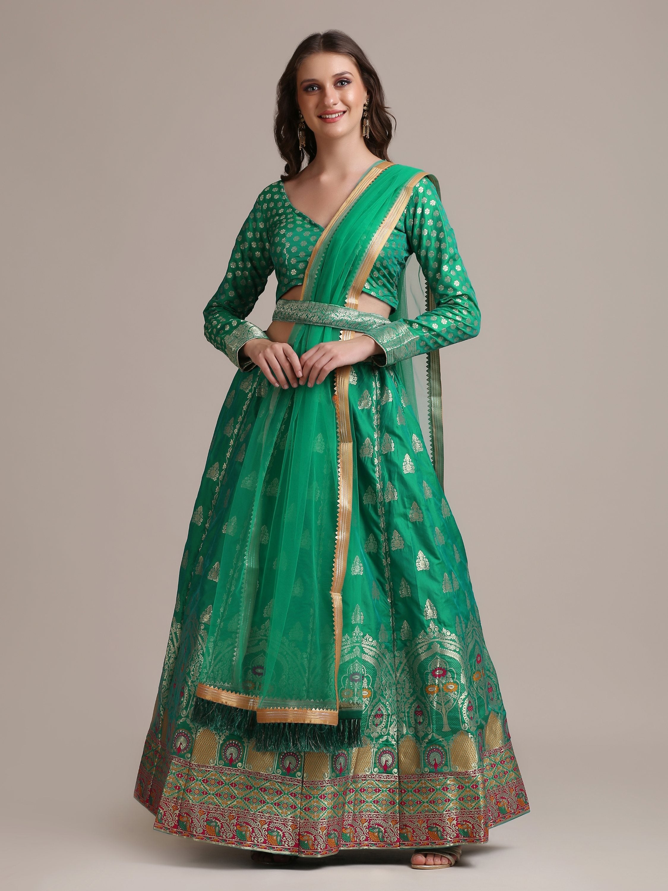 Jyoti Fashion Women's Rama Jacquard Silk Gold Woven Work Lehenga Choli with Dupatta | Grocsy