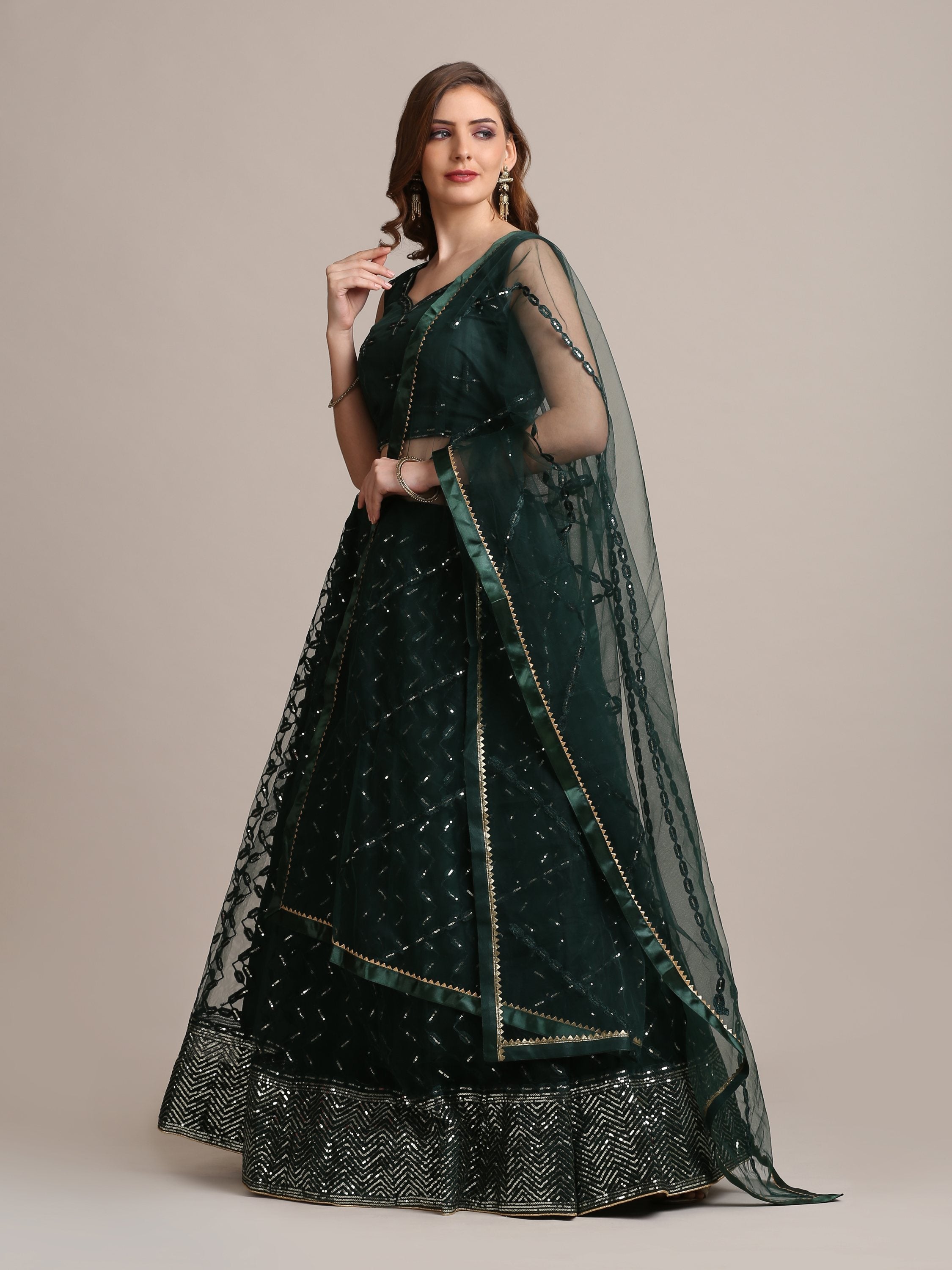 Jyoti Fashion Women's Dark Green Net Embellished Lehenga Choli with Dupatta | Grocsy