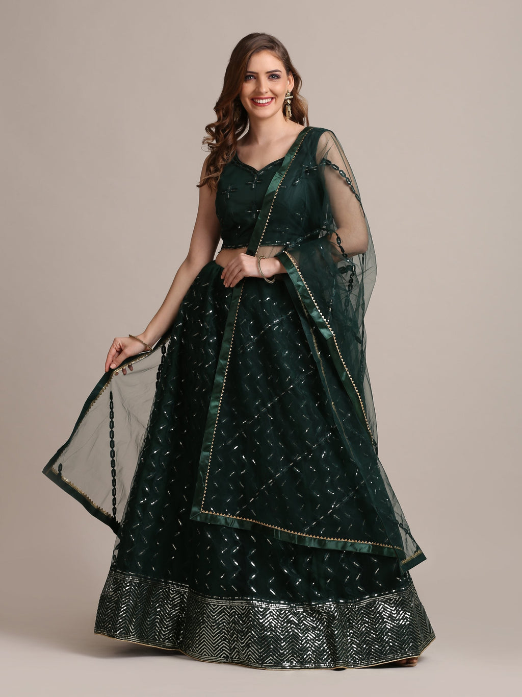 Jyoti Fashion Women's Dark Green Net Embellished Lehenga Choli with Dupatta | Grocsy