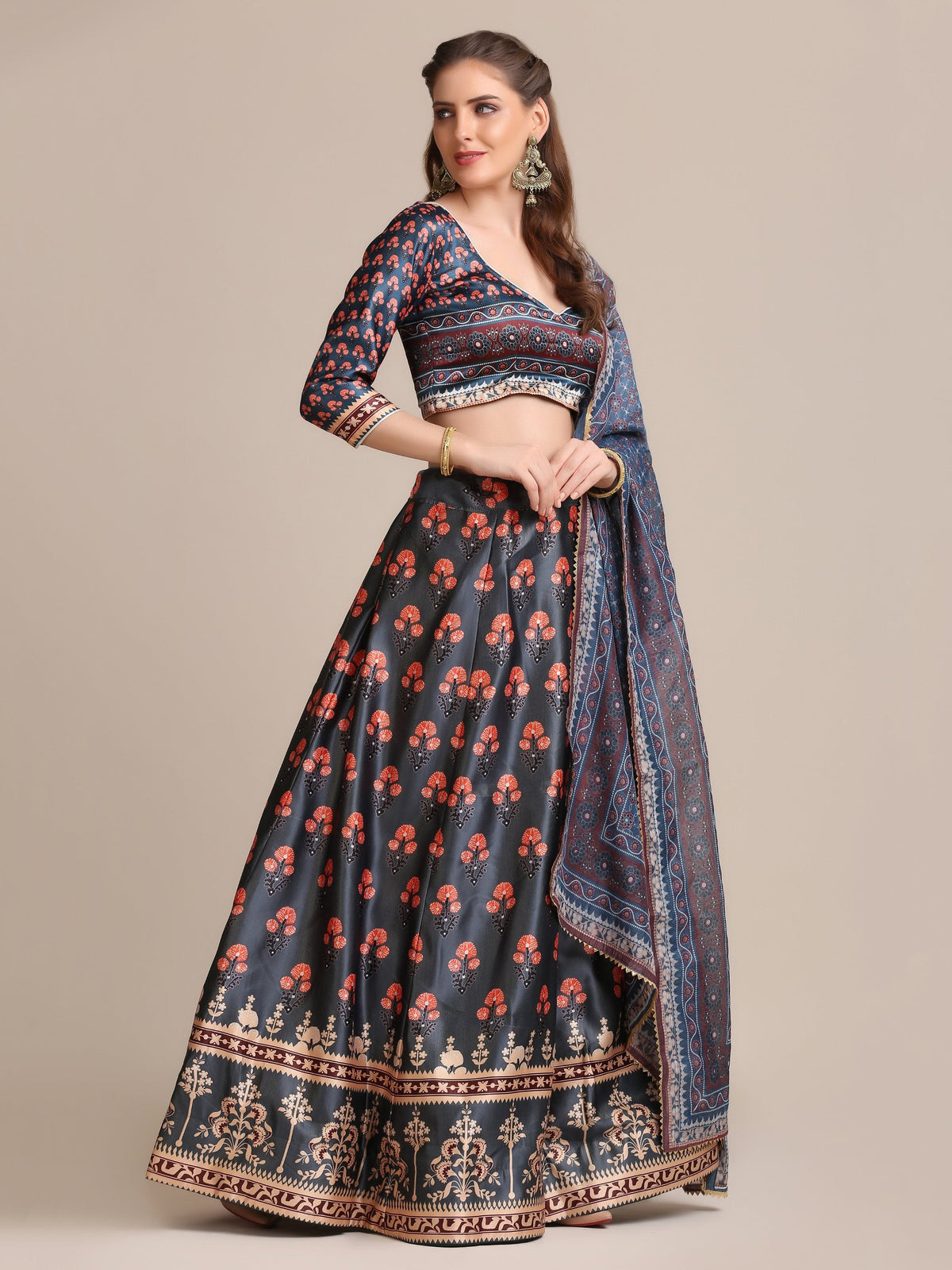 Jyoti Fashion Women's Dark Grey Jacquard Silk Floral Printed Lehenga Choli with Dupatta | Grocsy