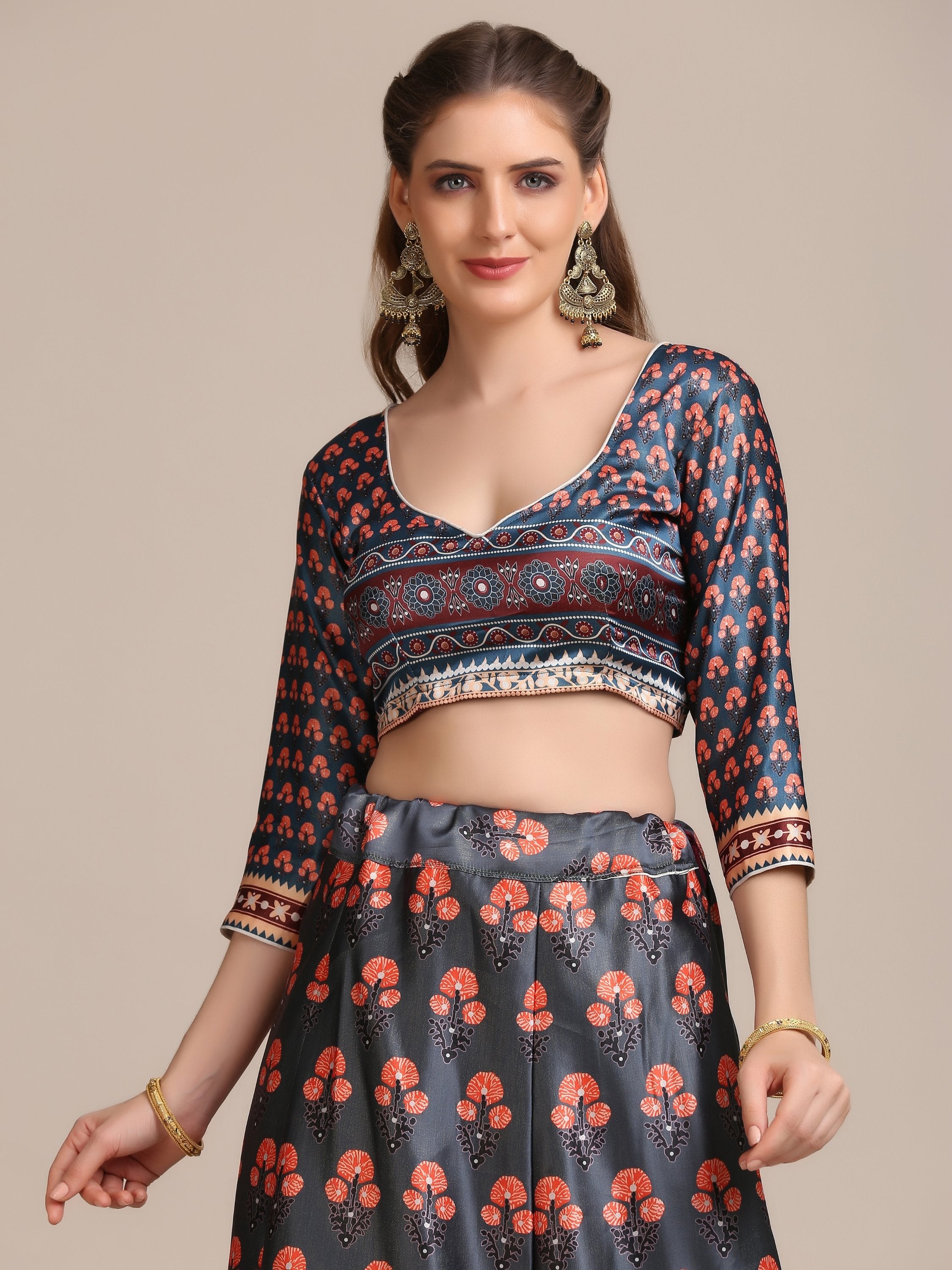 Jyoti Fashion Women's Dark Grey Jacquard Silk Floral Printed Lehenga Choli with Dupatta | Grocsy