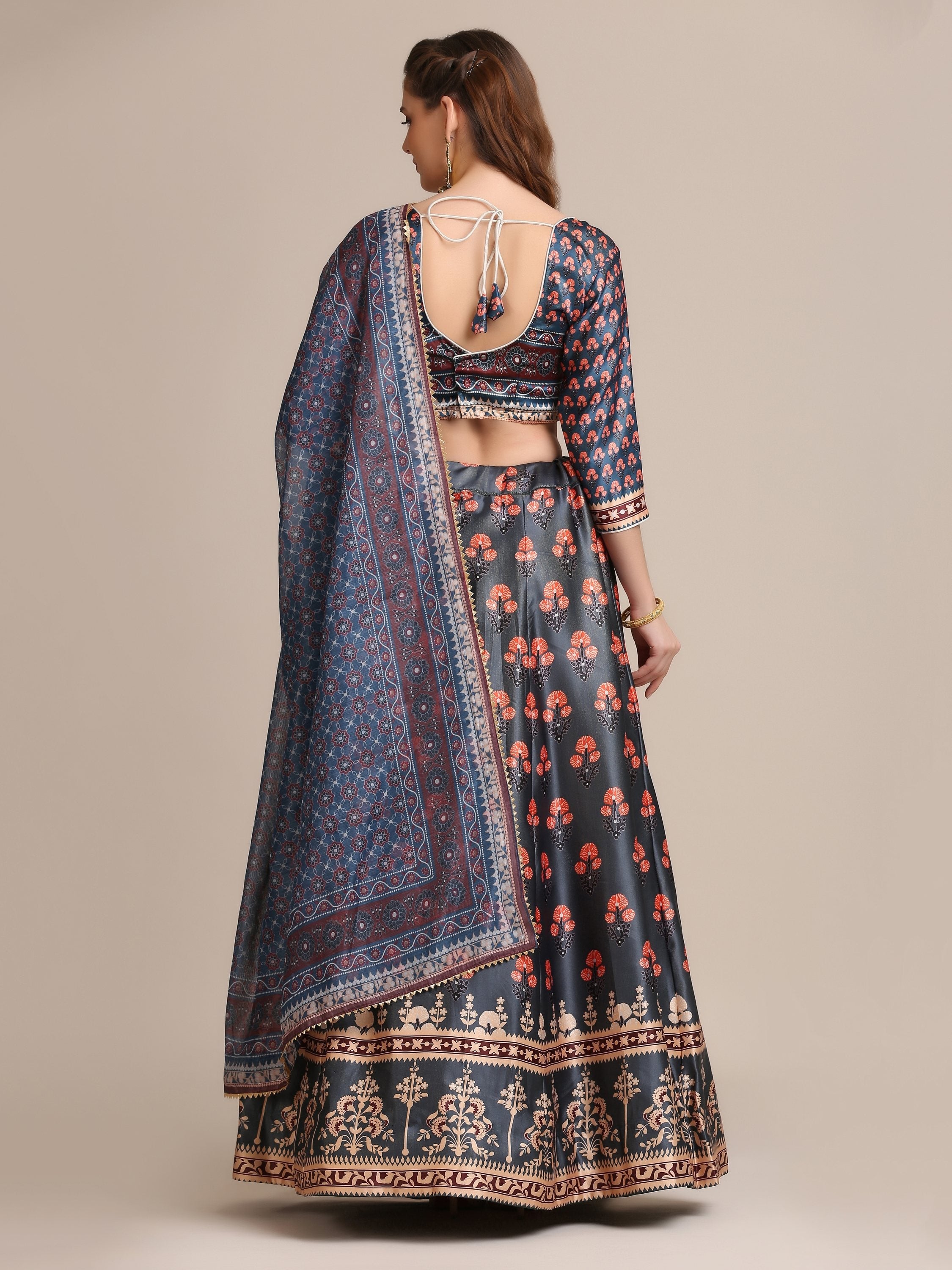Jyoti Fashion Women's Dark Grey Jacquard Silk Floral Printed Lehenga Choli with Dupatta | Grocsy
