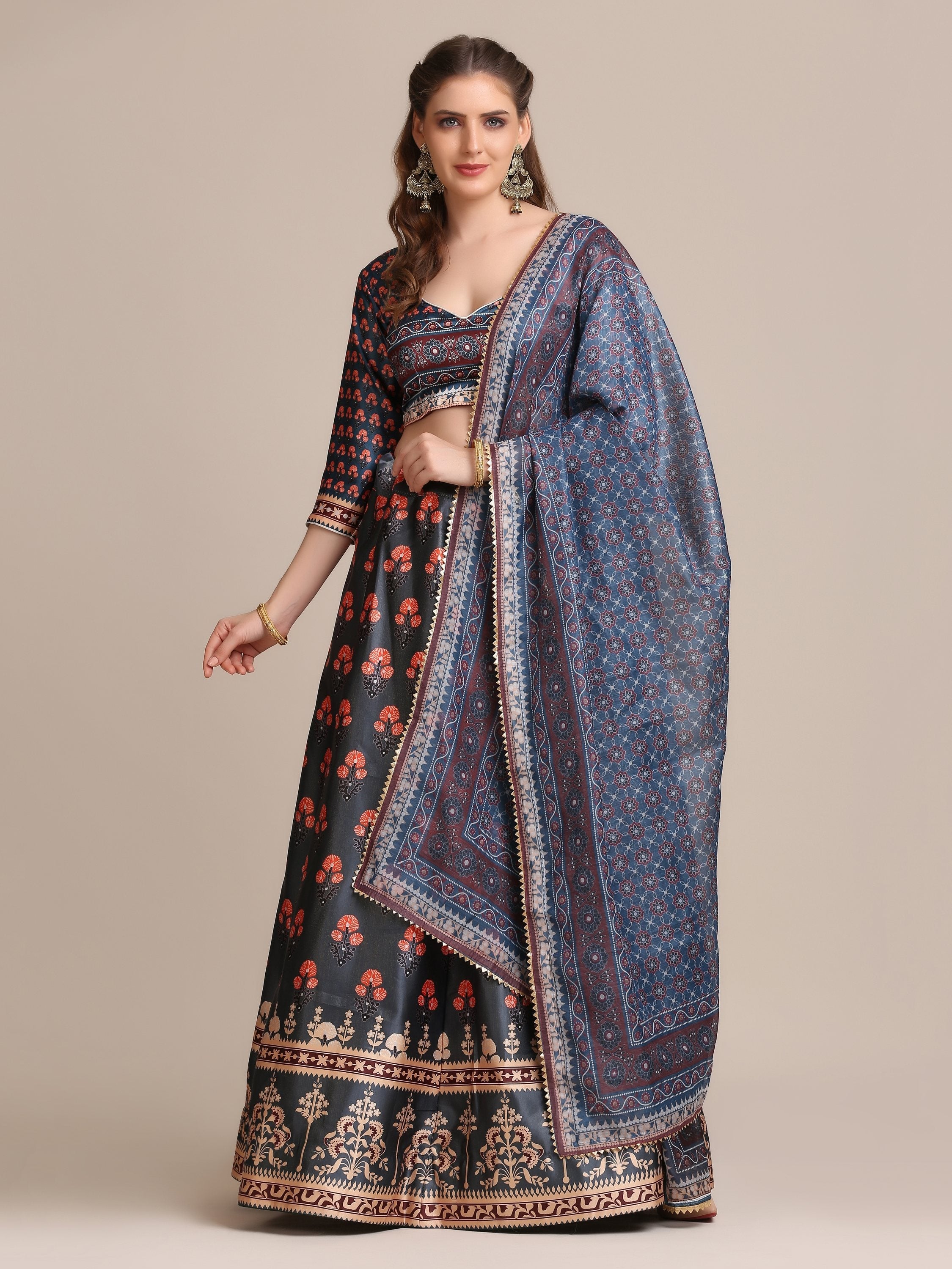 Jyoti Fashion Women's Dark Grey Jacquard Silk Floral Printed Lehenga Choli with Dupatta | Grocsy