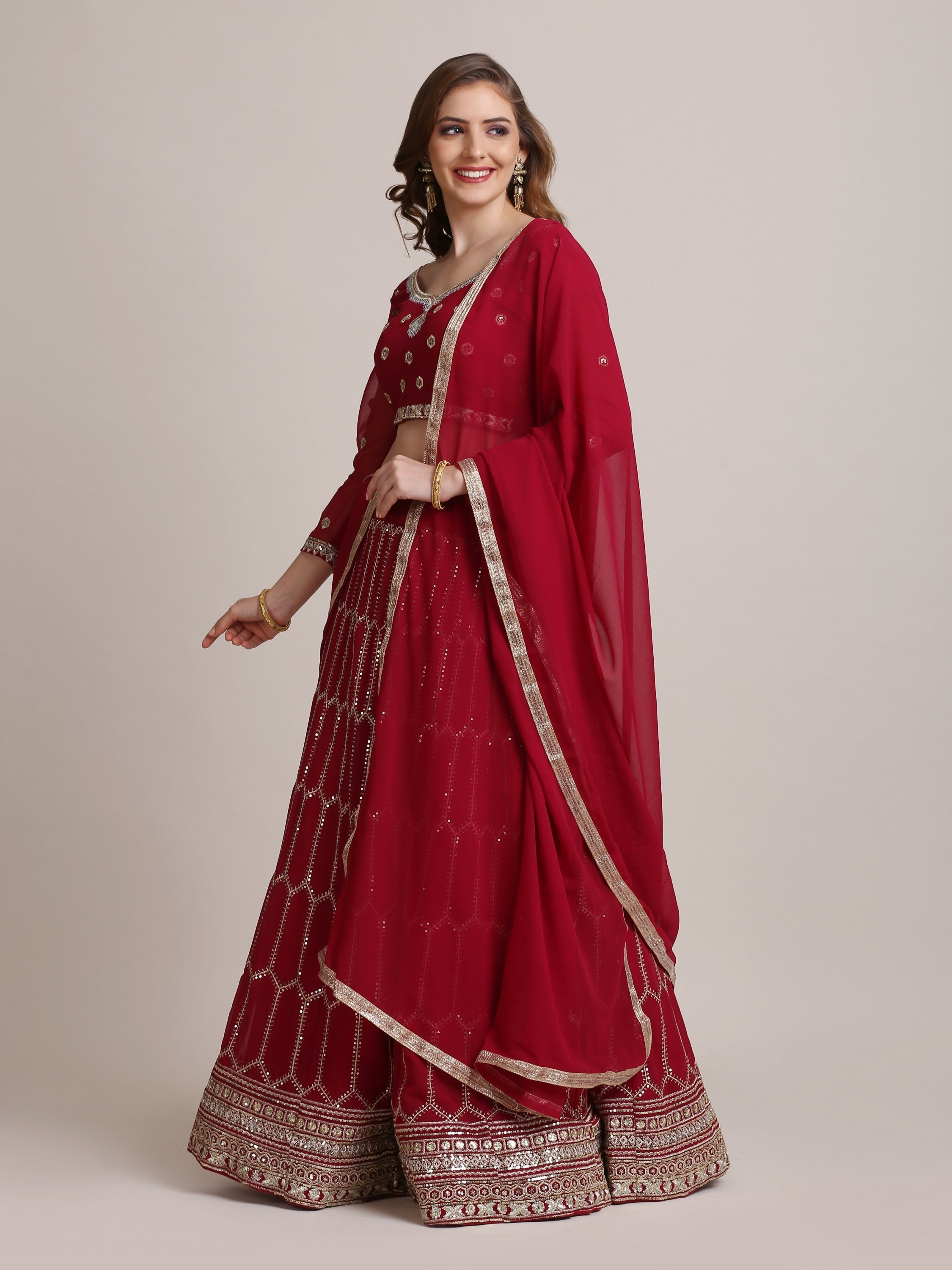 Jyoti Fashion Women's Maroon Georgette Sequins Lehenga Choli with Dupatta | Grocsy