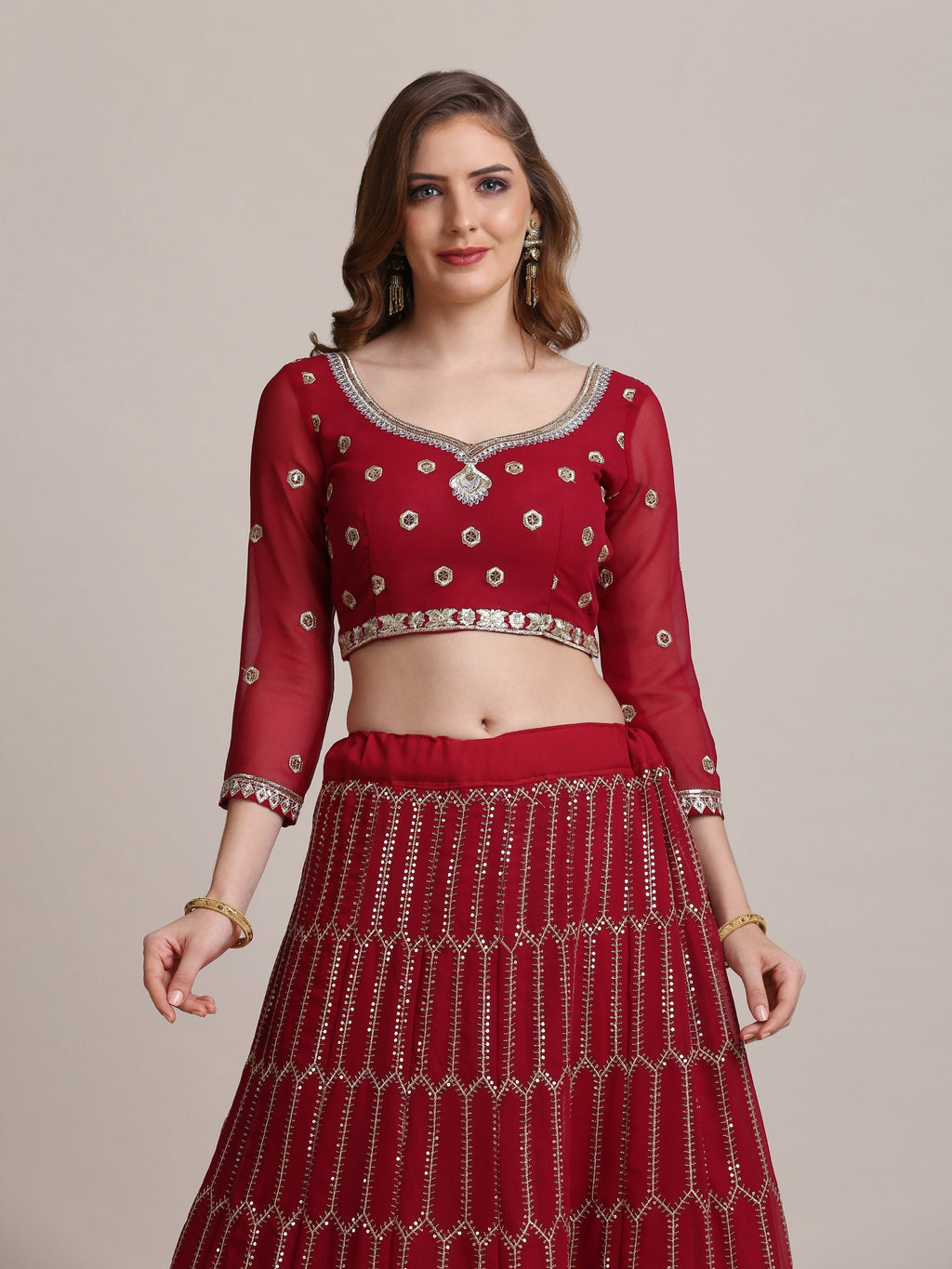 Jyoti Fashion Women's Maroon Georgette Sequins Lehenga Choli with Dupatta | Grocsy