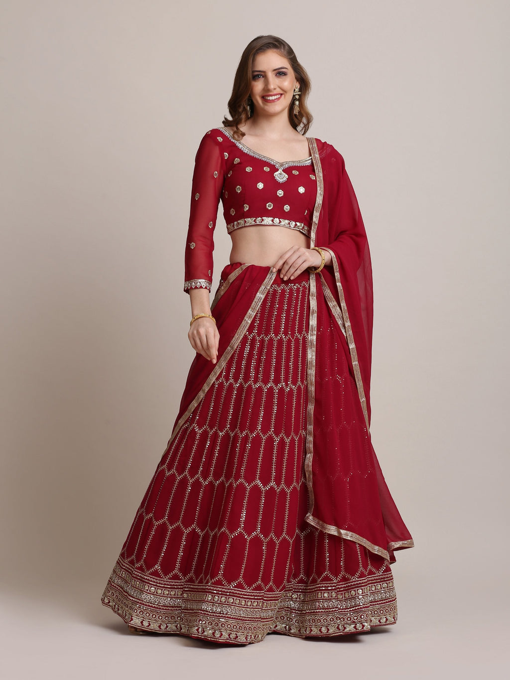 Jyoti Fashion Women's Maroon Georgette Sequins Lehenga Choli with Dupatta | Grocsy