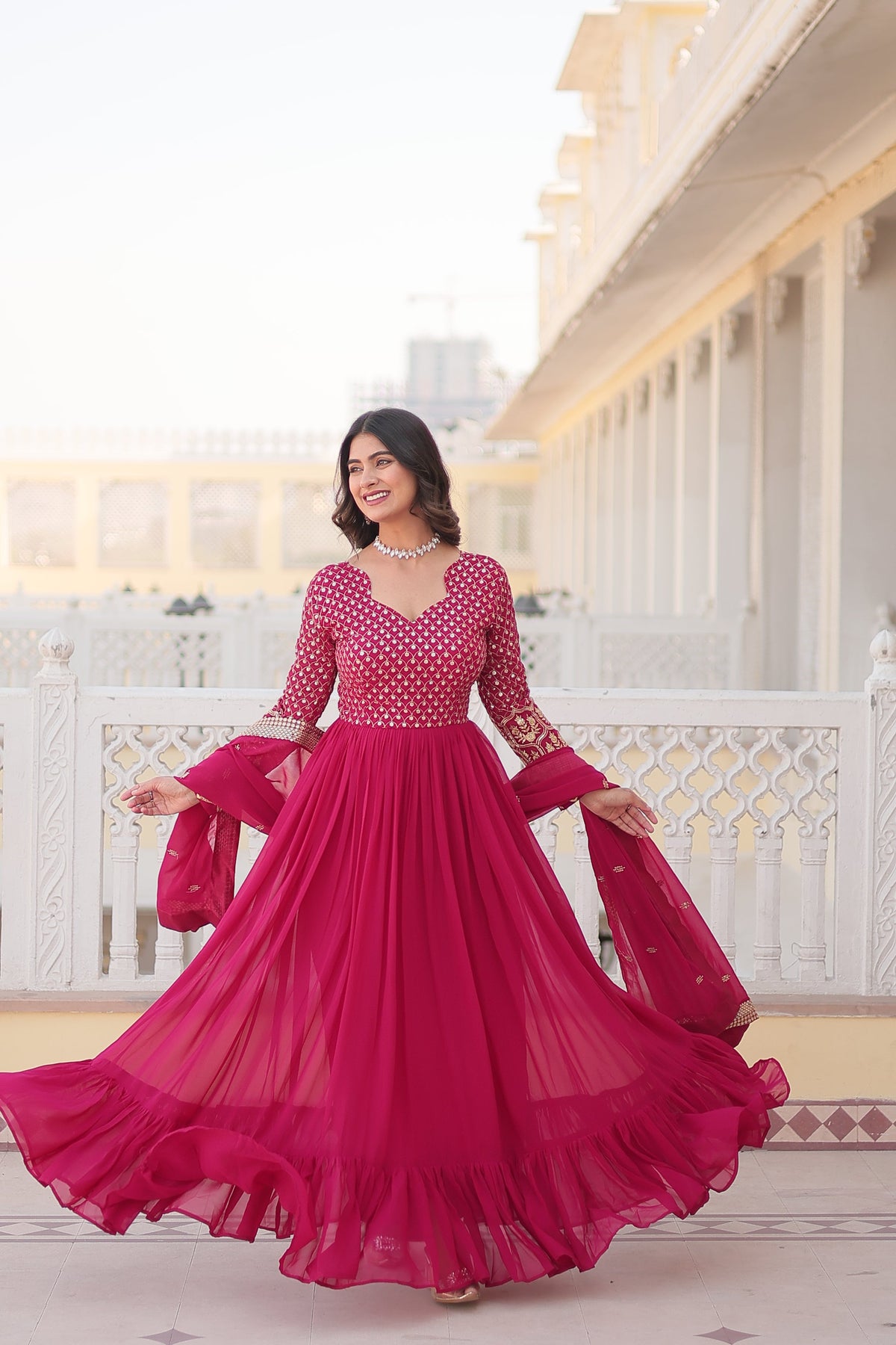 Jyoti Fashion Women's Rani Pink Faux Blooming Sequins with Zari Embroidered Anarkali Kurta with Dupatta | Grocsy