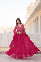 Jyoti Fashion Women's Rani Pink Faux Blooming Sequins with Zari Embroidered Anarkali Kurta with Dupatta | Grocsy