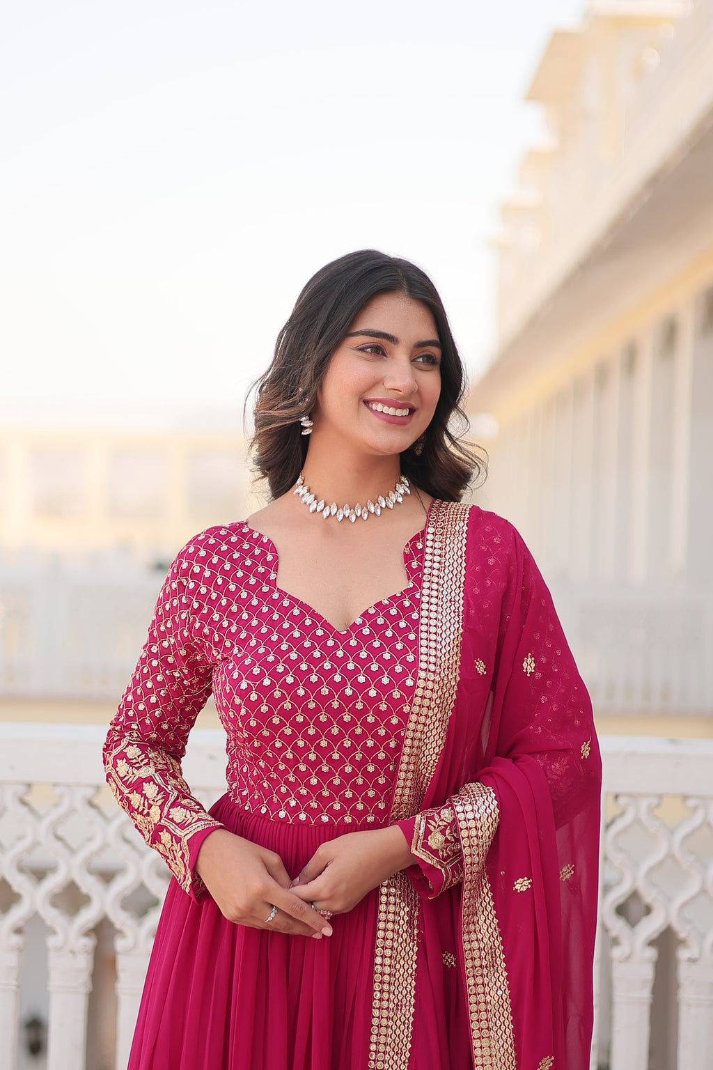 Jyoti Fashion Women's Rani Pink Faux Blooming Sequins with Zari Embroidered Anarkali Kurta with Dupatta | Grocsy
