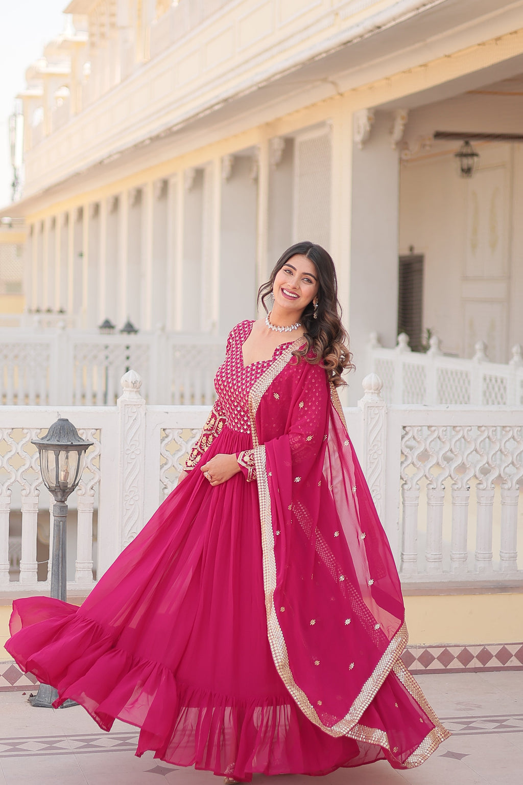 Jyoti Fashion Women's Rani Pink Faux Blooming Sequins with Zari Embroidered Anarkali Kurta with Dupatta | Grocsy