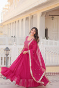 Jyoti Fashion Women's Rani Pink Faux Blooming Sequins with Zari Embroidered Anarkali Kurta with Dupatta | Grocsy