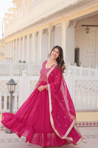 Jyoti Fashion Women's Rani Pink Faux Blooming Sequins with Zari Embroidered Anarkali Kurta with Dupatta | Grocsy