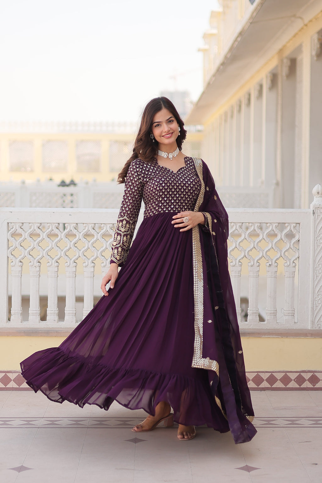 Jyoti Fashion Women's Wine Faux Blooming Sequins with Zari Embroidered Anarkali Kurta with Dupatta | Grocsy