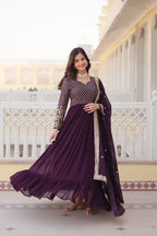 Jyoti Fashion Women's Wine Faux Blooming Sequins with Zari Embroidered Anarkali Kurta with Dupatta | Grocsy