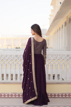 Jyoti Fashion Women's Wine Faux Blooming Sequins with Zari Embroidered Anarkali Kurta with Dupatta | Grocsy