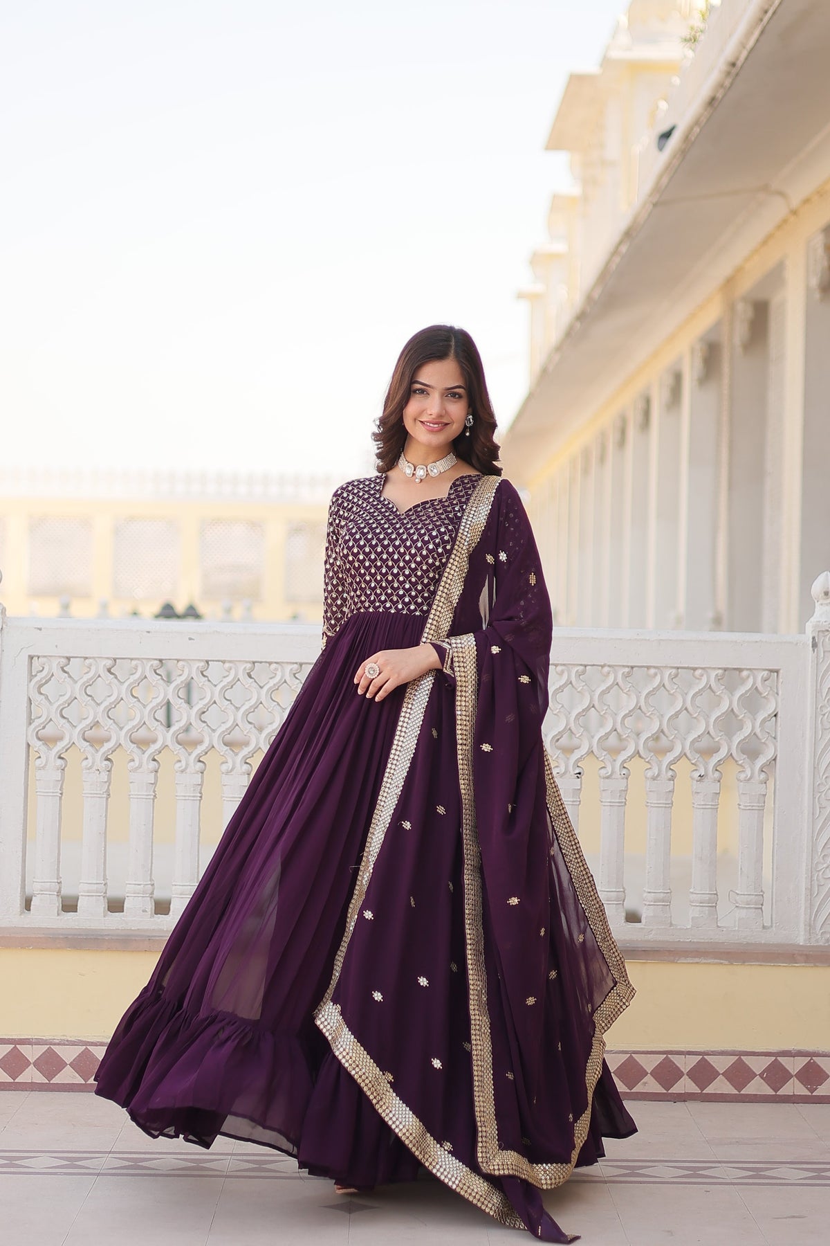 Jyoti Fashion Women's Wine Faux Blooming Sequins with Zari Embroidered Anarkali Kurta with Dupatta | Grocsy