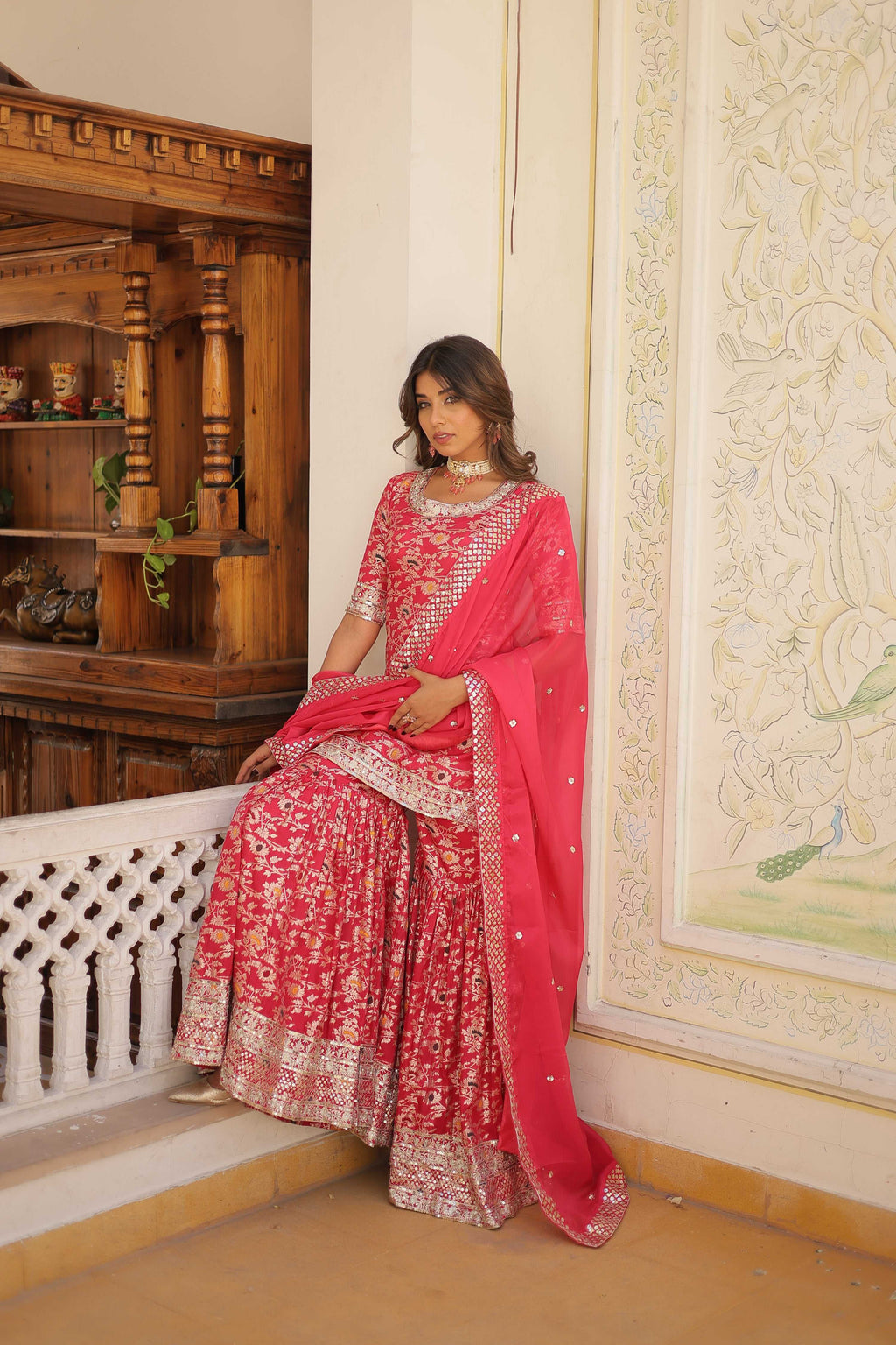 Jyoti Fashion Women's Rani Pink Viscose Jacquerd Sequins with Zari Embroidered Gharara Set | Grocsy