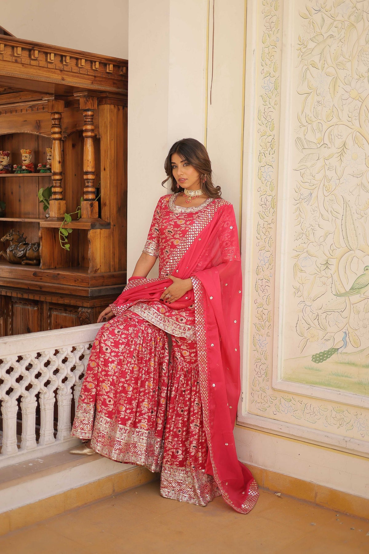 Jyoti Fashion Women's Rani Pink Viscose Jacquerd Sequins with Zari Embroidered Gharara Set | Grocsy