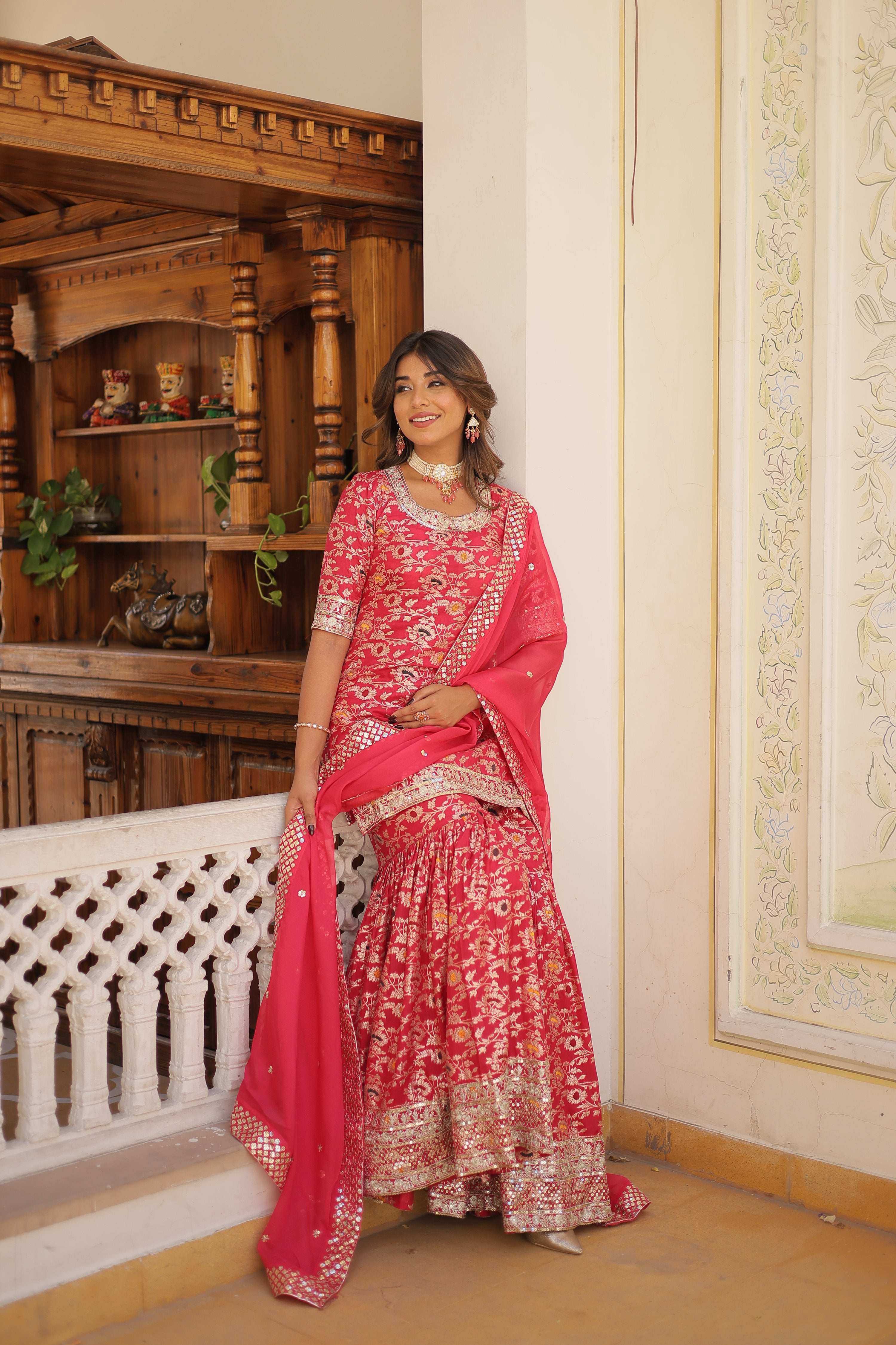 Jyoti Fashion Women's Rani Pink Viscose Jacquerd Sequins with Zari Embroidered Gharara Set | Grocsy