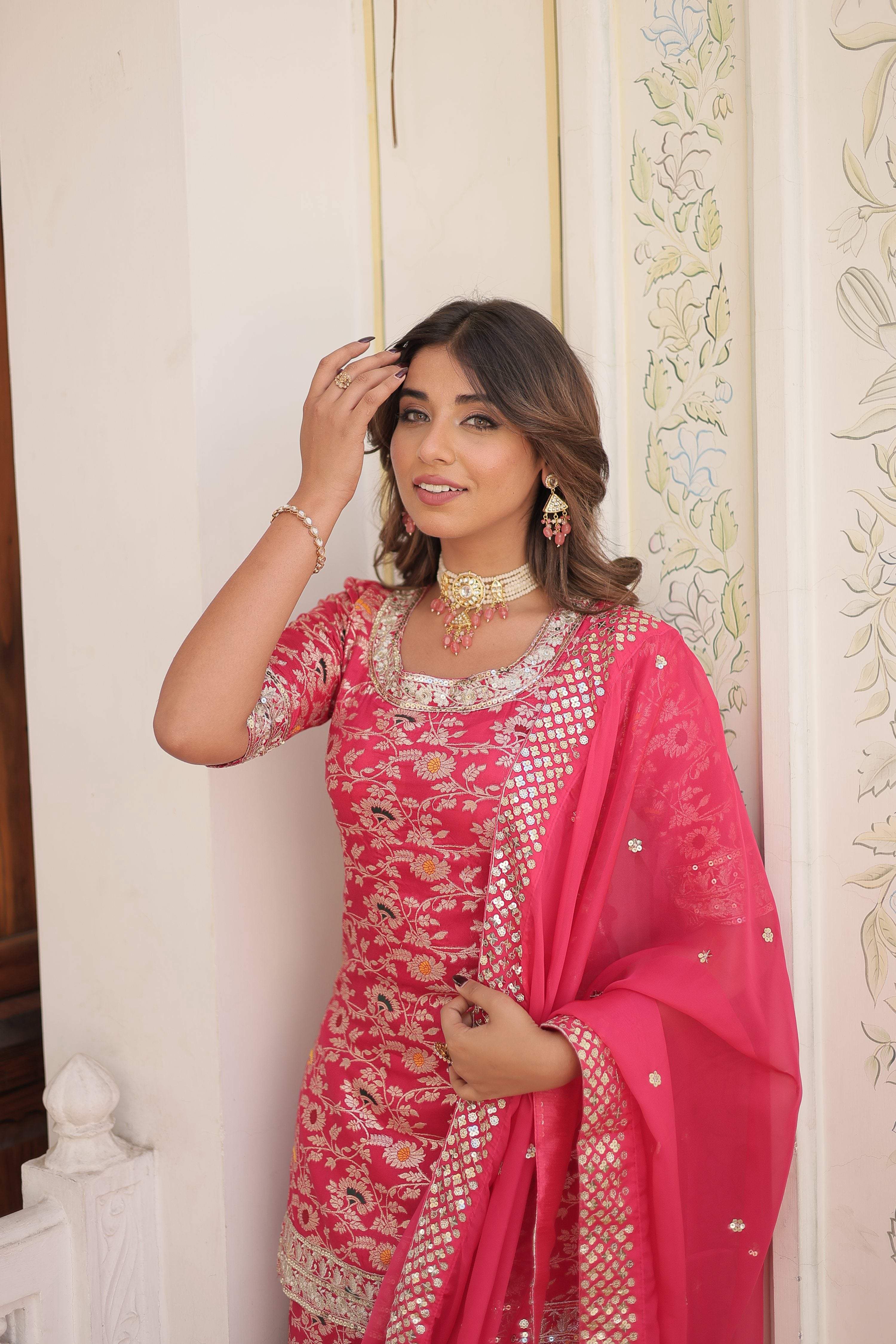 Jyoti Fashion Women's Rani Pink Viscose Jacquerd Sequins with Zari Embroidered Gharara Set | Grocsy