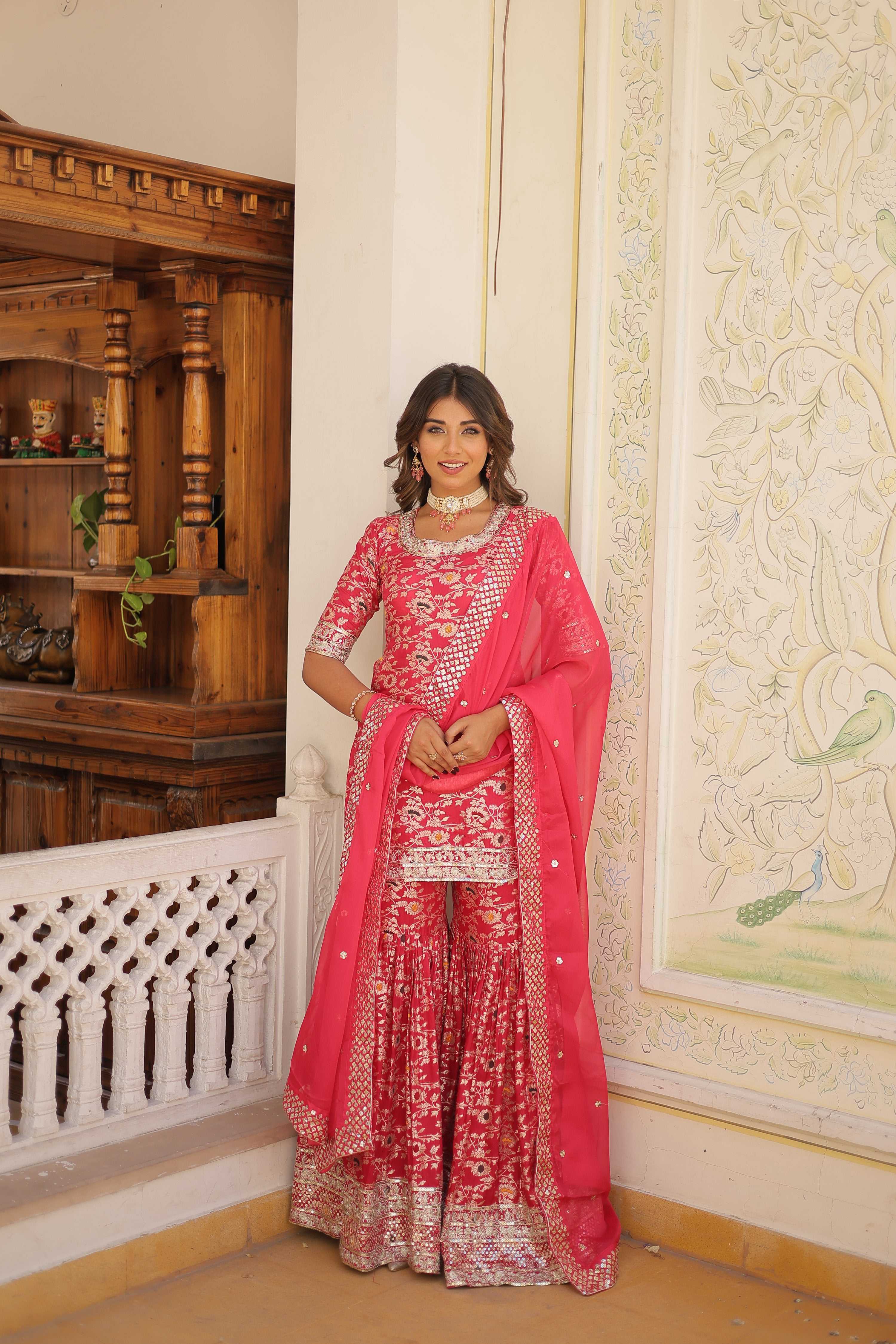Jyoti Fashion Women's Rani Pink Viscose Jacquerd Sequins with Zari Embroidered Gharara Set | Grocsy