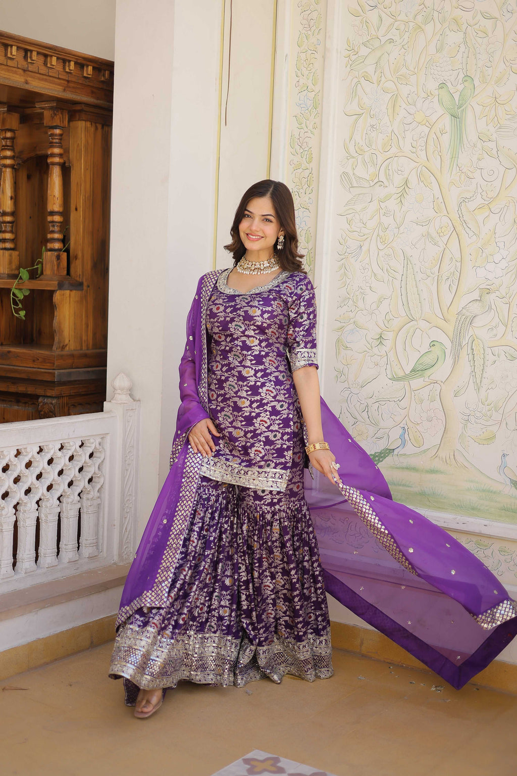 Jyoti Fashion Women's Purple Viscose Jacquerd Sequins with Zari Embroidered Gharara Set | Grocsy