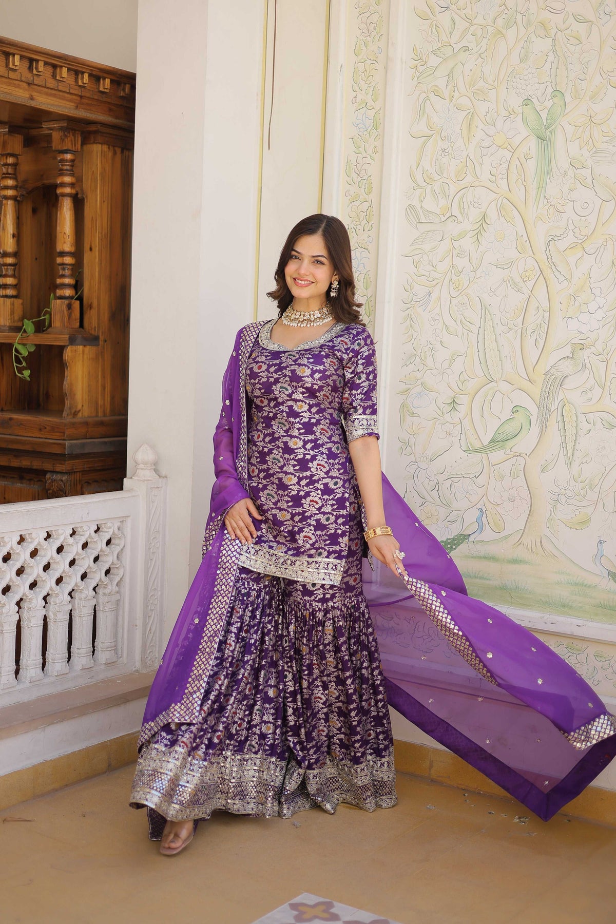 Jyoti Fashion Women's Purple Viscose Jacquerd Sequins with Zari Embroidered Gharara Set | Grocsy