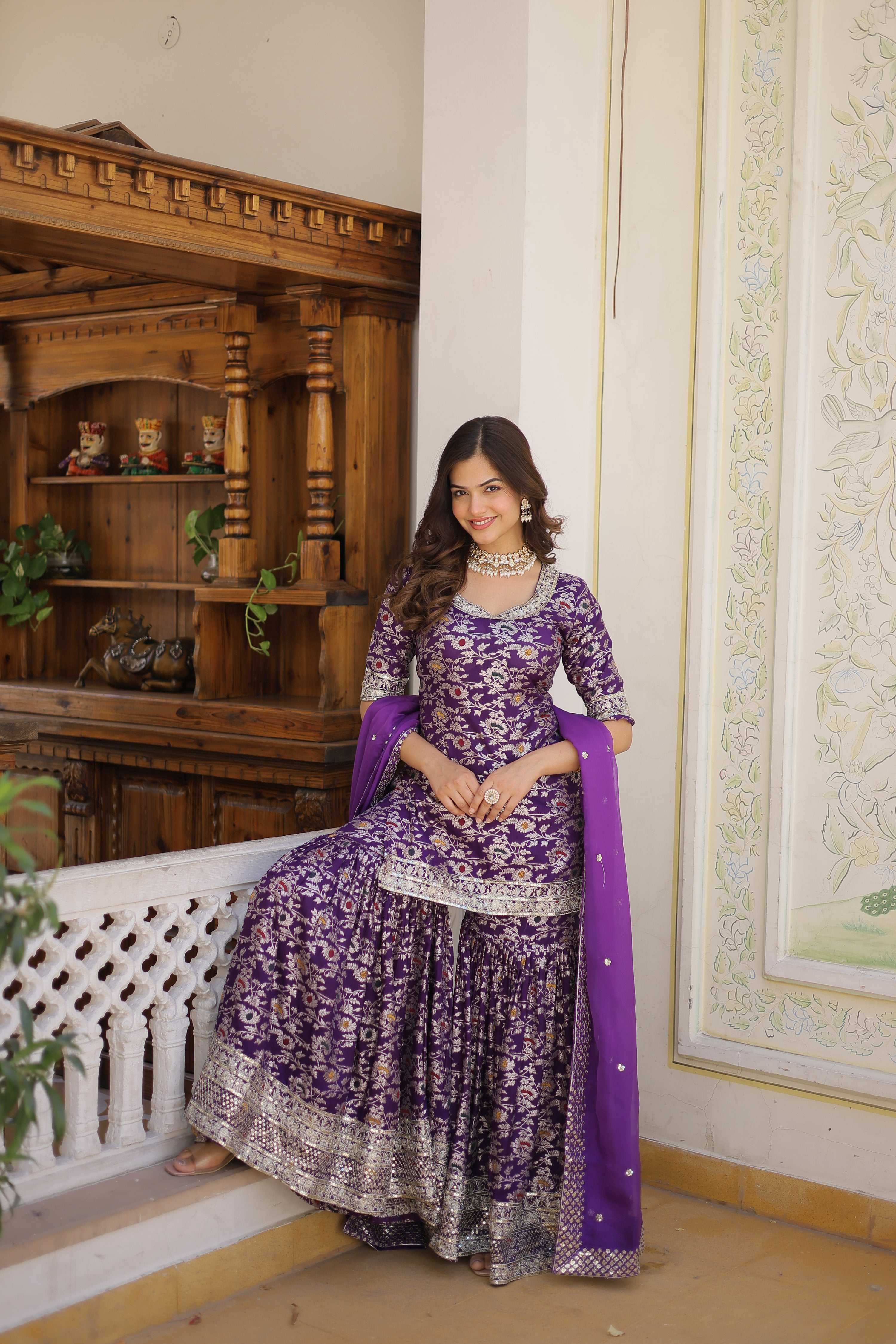 Jyoti Fashion Women's Purple Viscose Jacquerd Sequins with Zari Embroidered Gharara Set | Grocsy