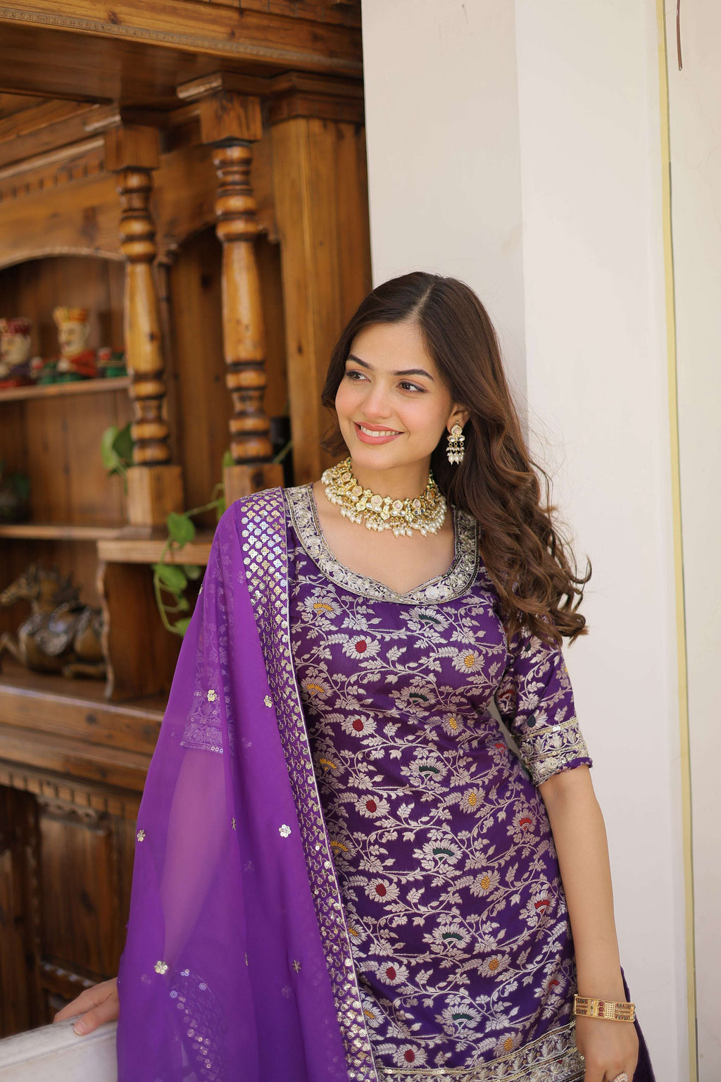 Jyoti Fashion Women's Purple Viscose Jacquerd Sequins with Zari Embroidered Gharara Set | Grocsy