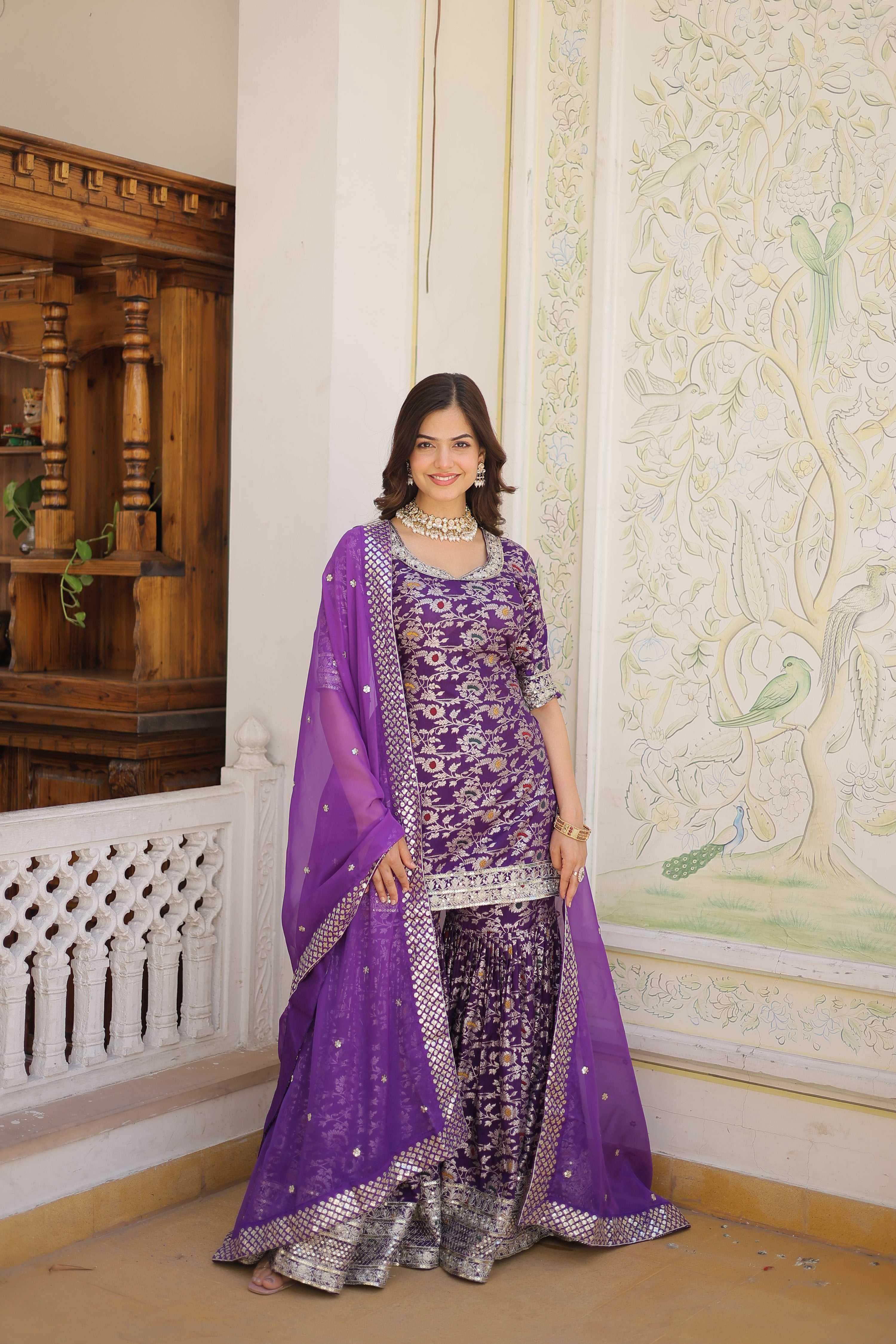 Jyoti Fashion Women's Purple Viscose Jacquerd Sequins with Zari Embroidered Gharara Set | Grocsy