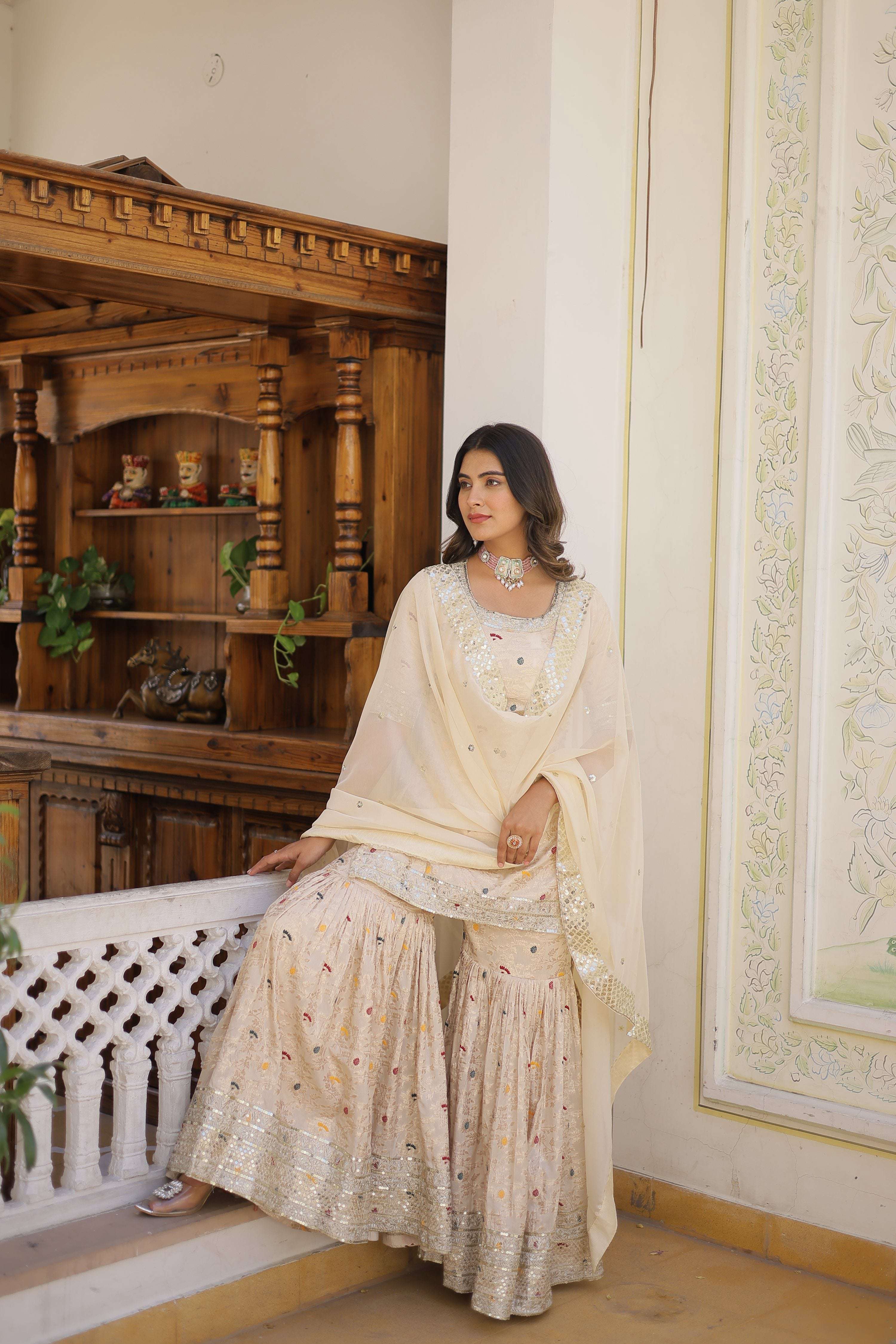 Jyoti Fashion Women's Off White Viscose Jacquerd Sequins with Zari Embroidered Gharara Set | Grocsy