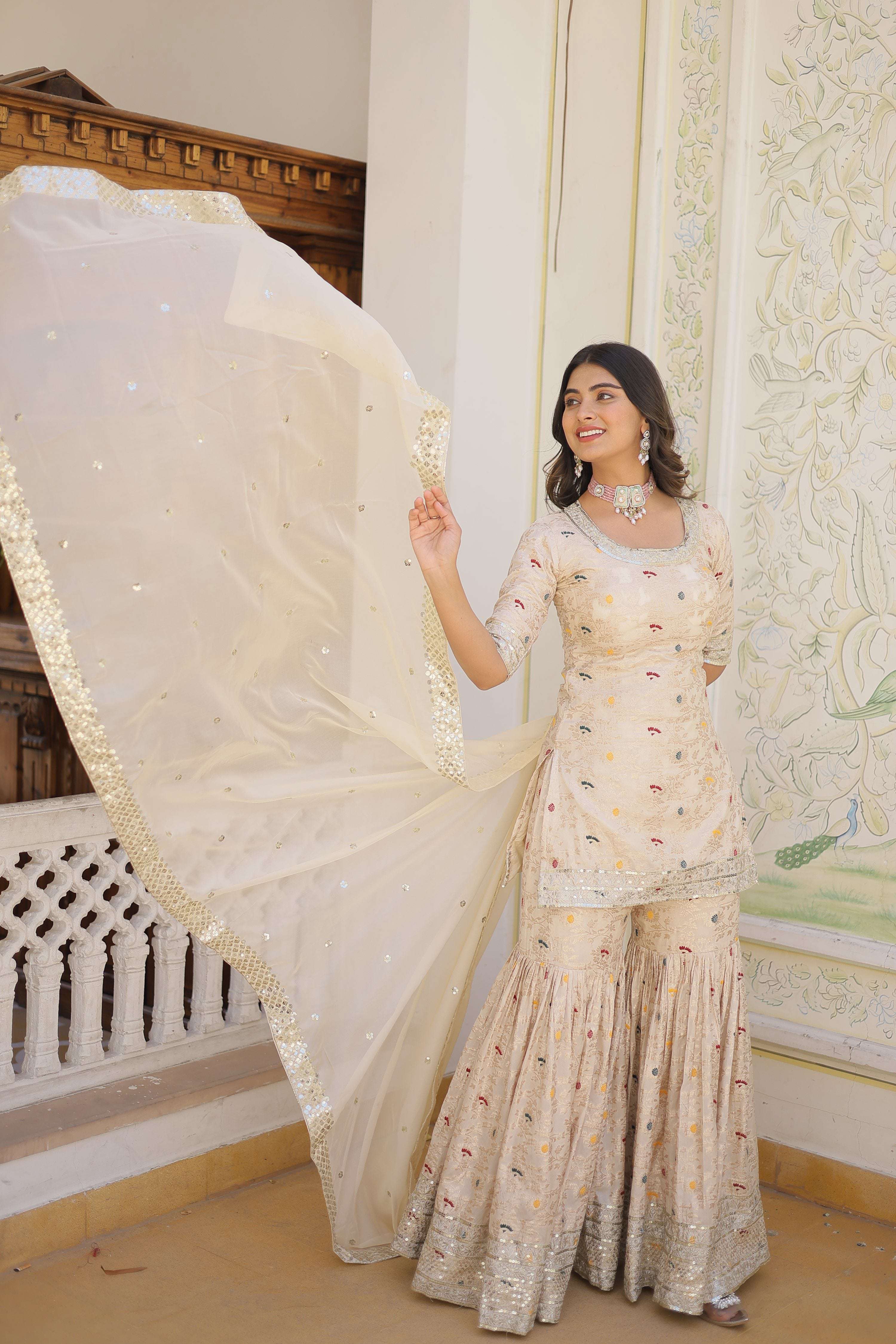 Jyoti Fashion Women's Off White Viscose Jacquerd Sequins with Zari Embroidered Gharara Set | Grocsy
