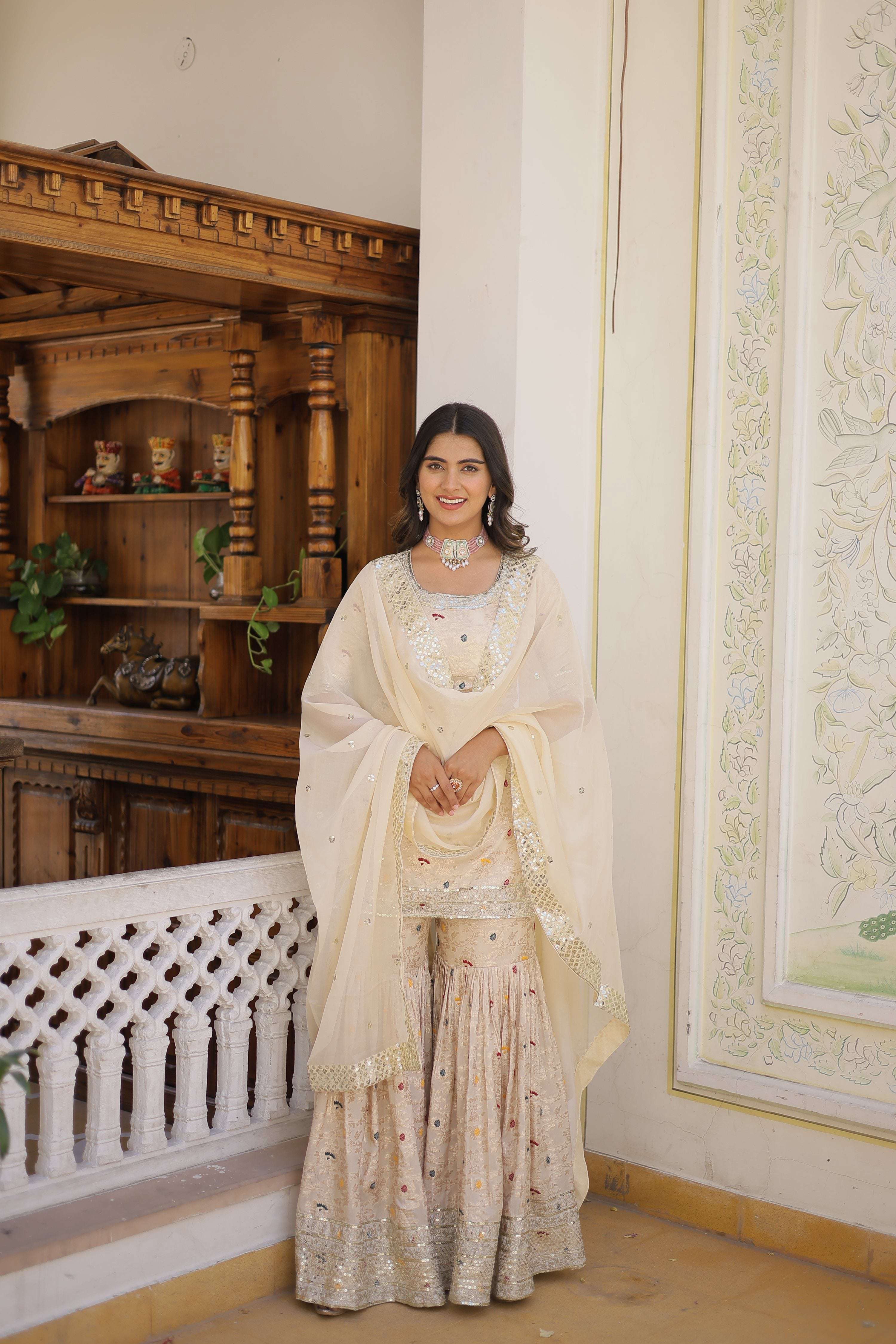 Jyoti Fashion Women's Off White Viscose Jacquerd Sequins with Zari Embroidered Gharara Set | Grocsy